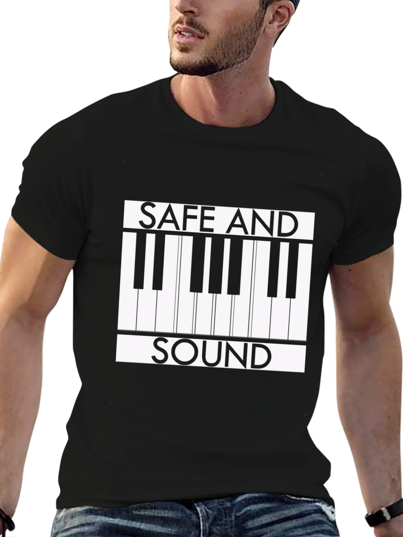 Black Safe and Sound Piano Keys Graphic Tee view 6