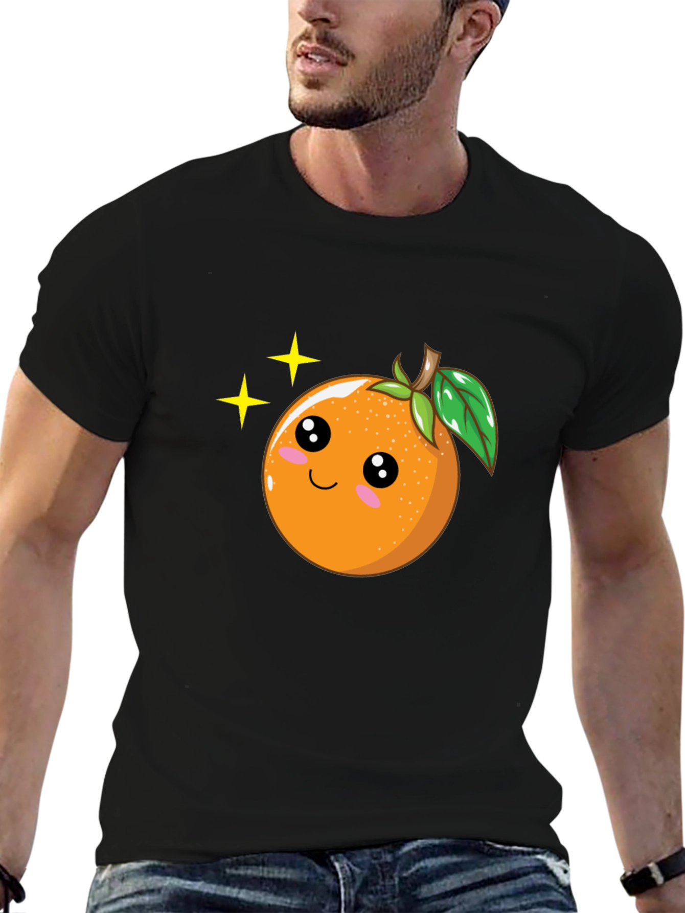 Black Cute Orange Cartoon Graphic Black T-Shirt view 6