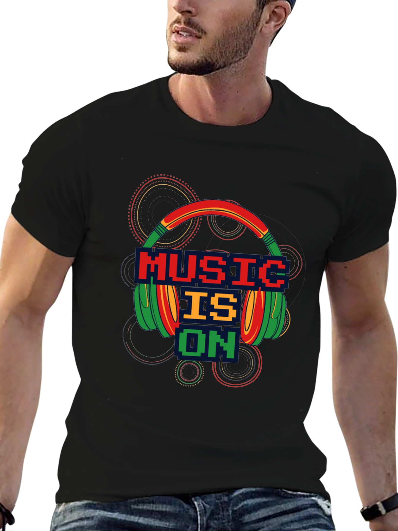Black Music is On T-Shirt - Pixel Headphones Design view 6