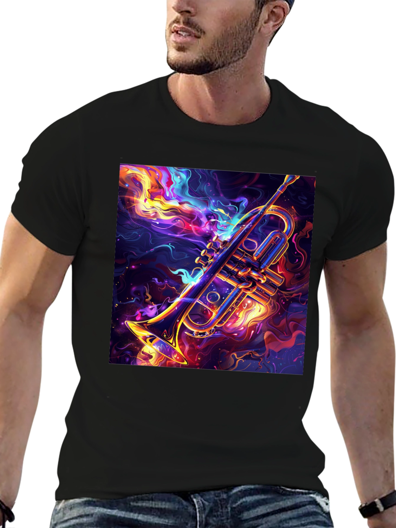 Black Trumpet Graphic Black T-Shirt: Artistic Music Lover Tee view 6
