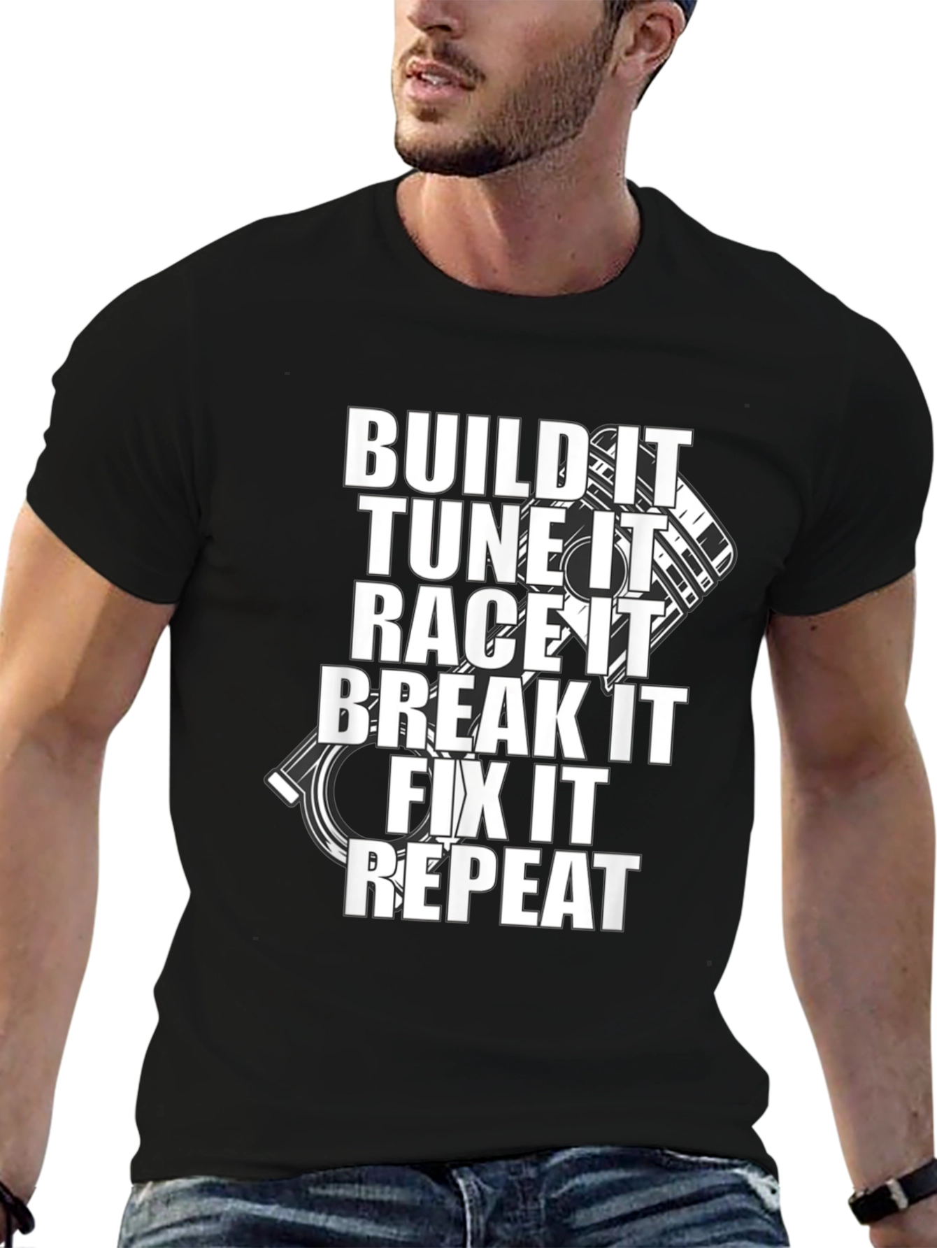 Black Build, Tune, Race, Repeat Black T-Shirt view 6