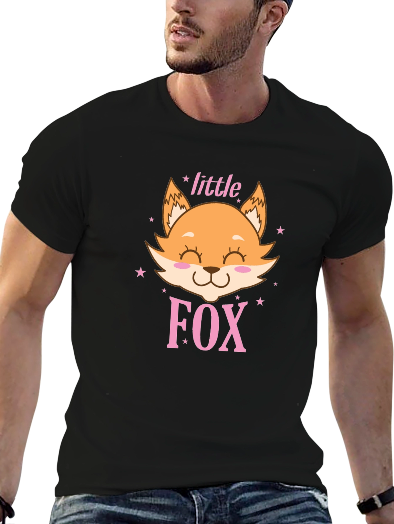 Black Cute Little Fox Graphic Tee - Unisex Black Shirt view 6