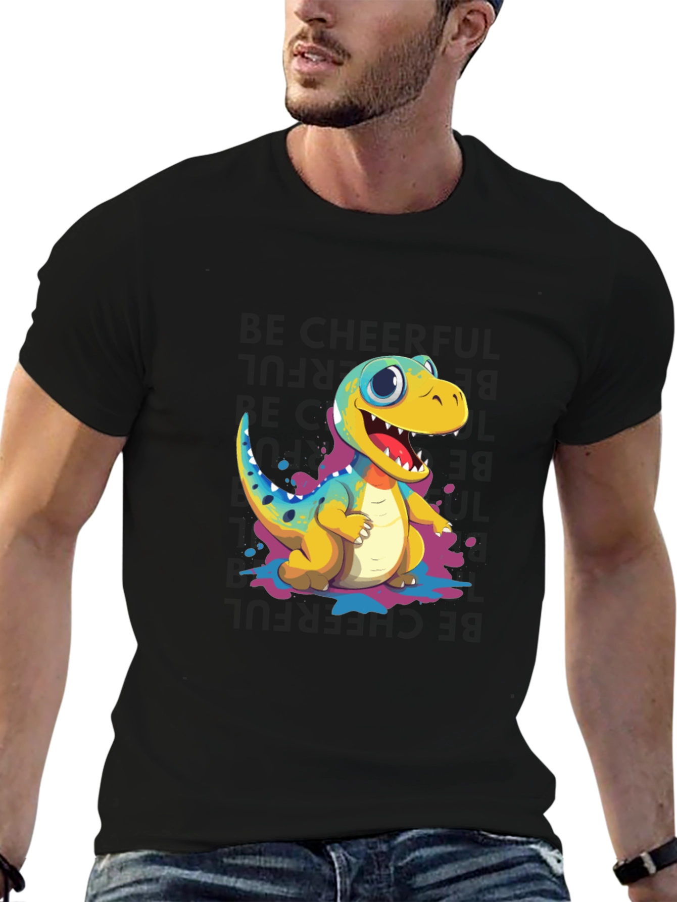 Black Cute Cartoon Dinosaur Black T-Shirt view 6