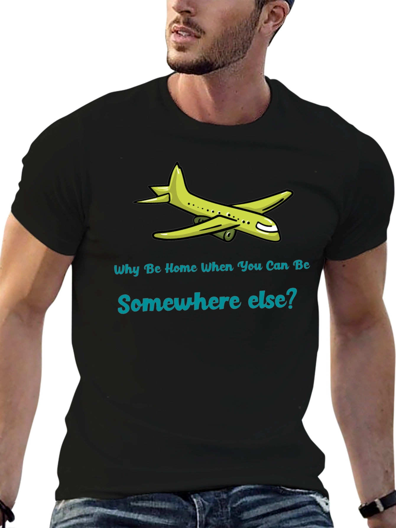 Black Travel T-Shirt: Why Be Home? Airplane Graphic Tee view 6