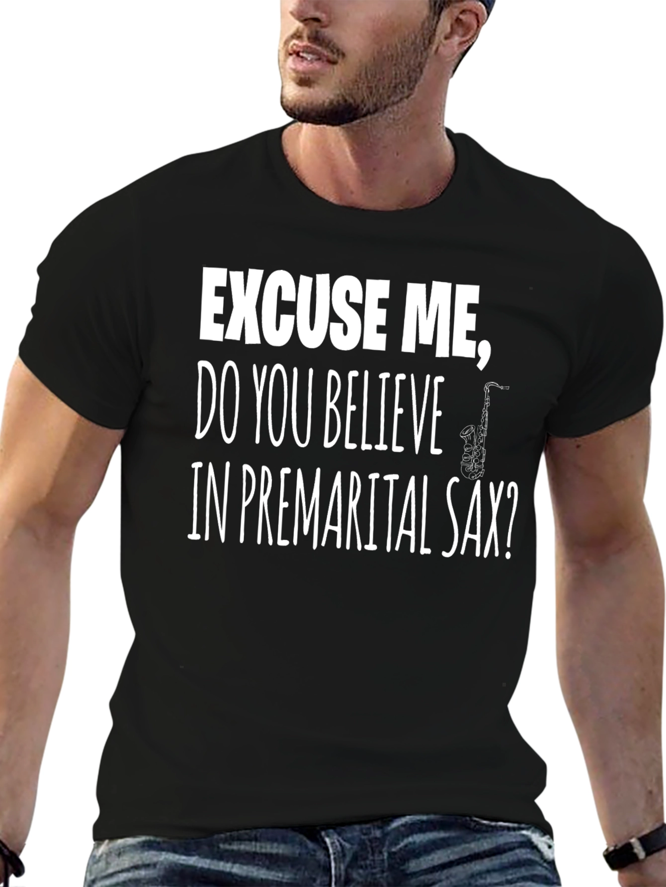 Black Funny Saxophone T-Shirt - Premarital Sax? view 6