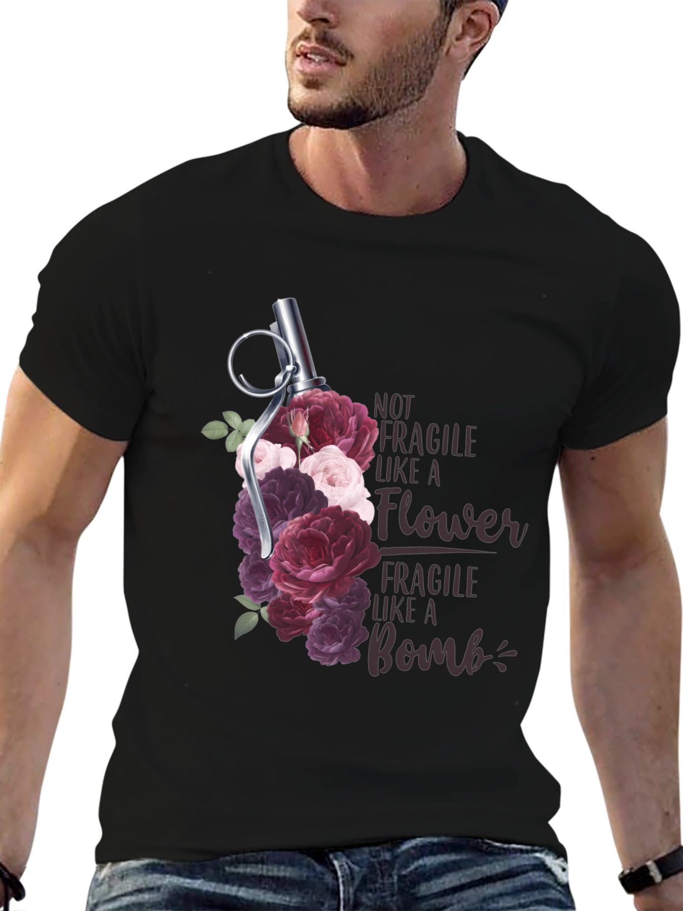Black Floral Grenade T-Shirt - Not Fragile Bomb Tee view 6