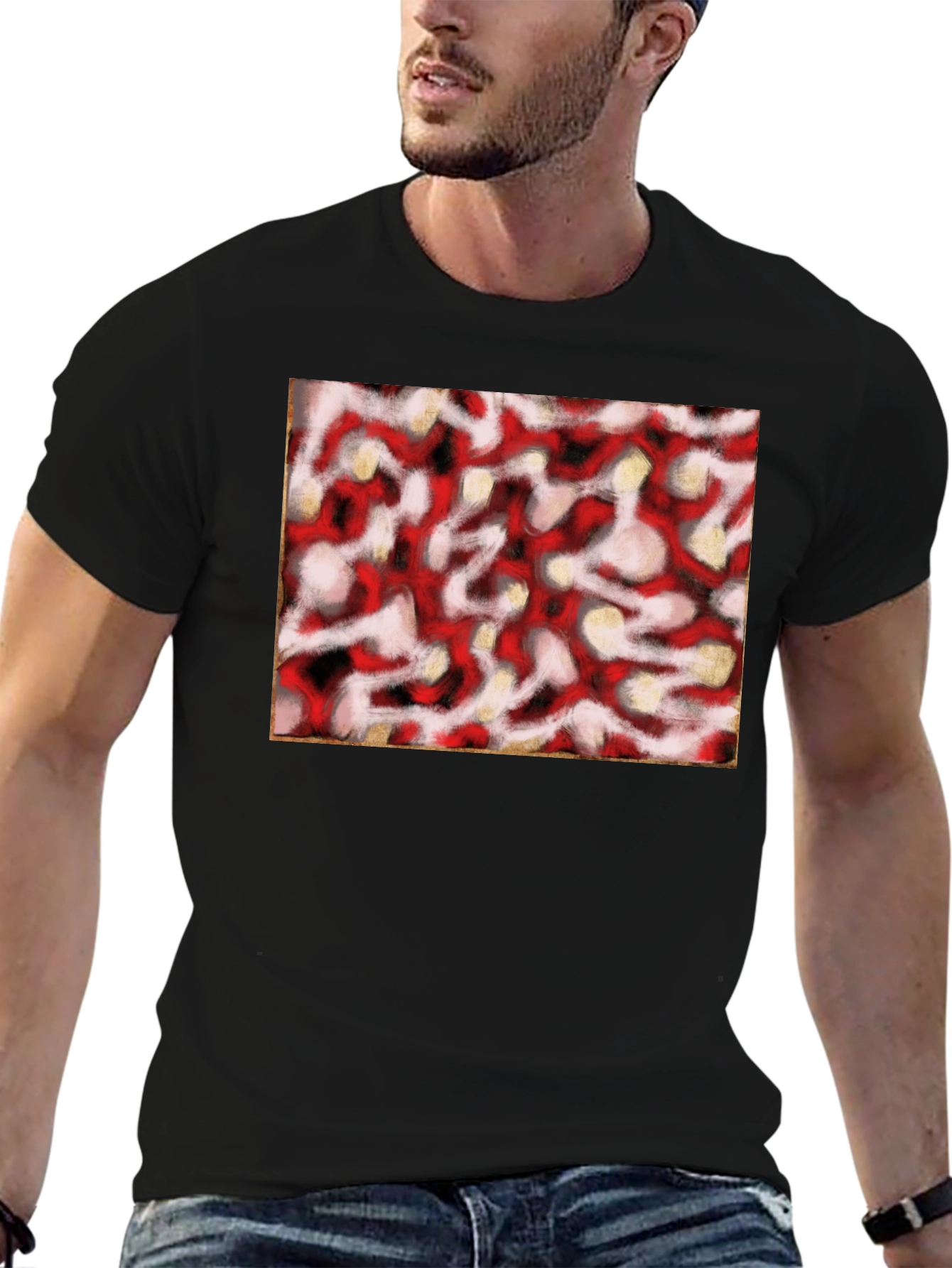 Black Abstract Red & White Pattern Black T-Shirt view 6