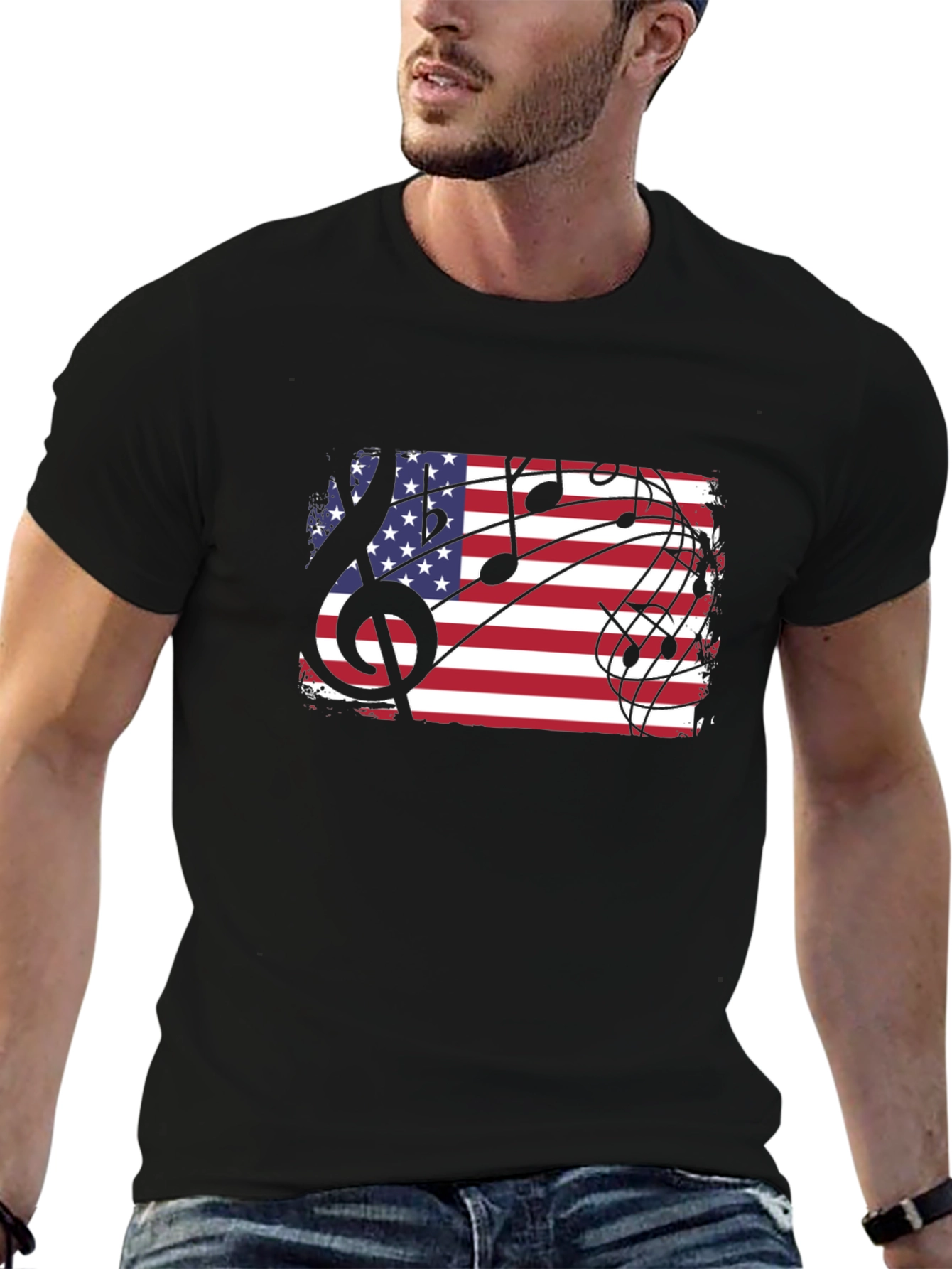 Black American Flag Music Notes Men's Black T-Shirt view 6