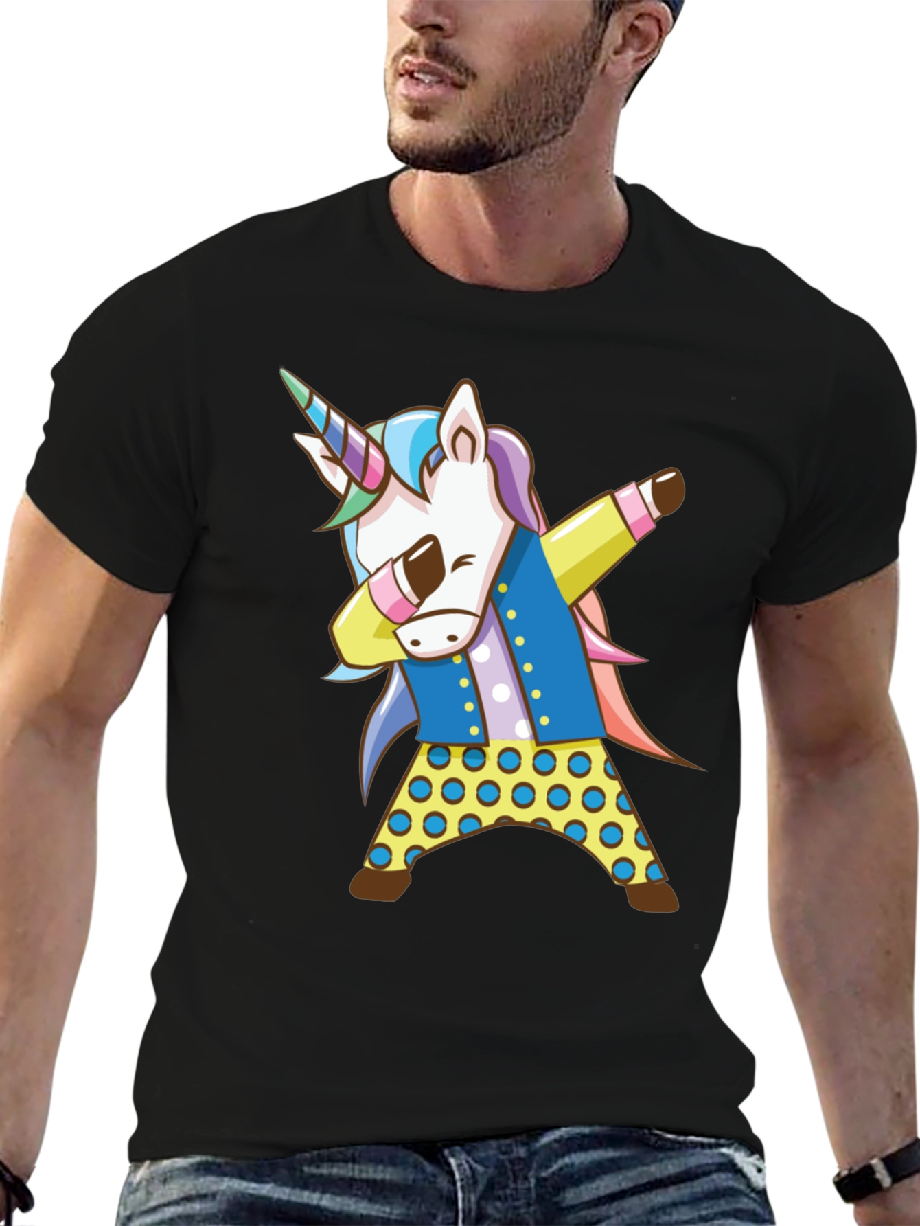 Black Dabbing Unicorn Graphic Tee - Black Cotton Shirt view 6