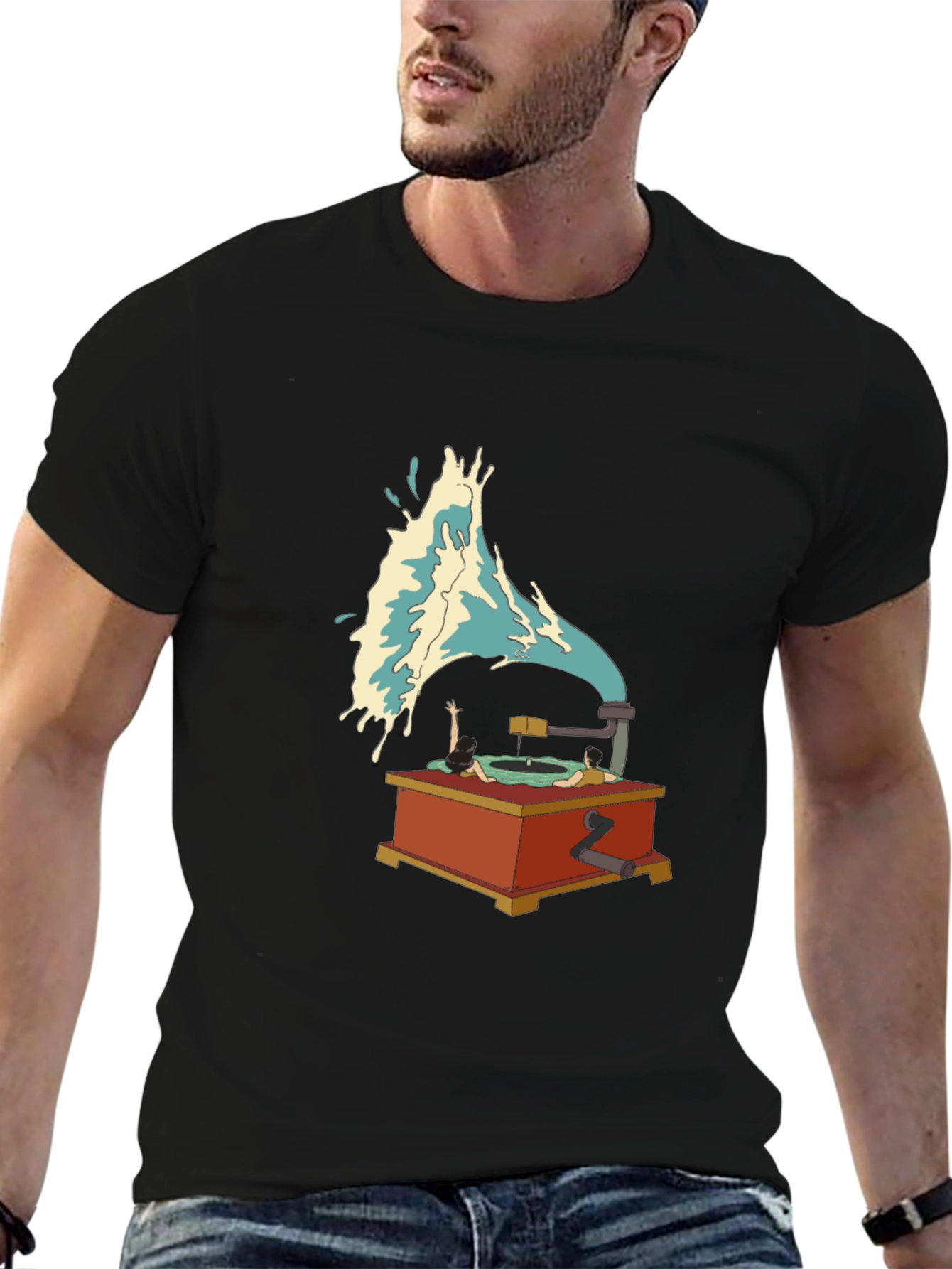 Black Surreal Vinyl Record Player Graphic Tee view 6