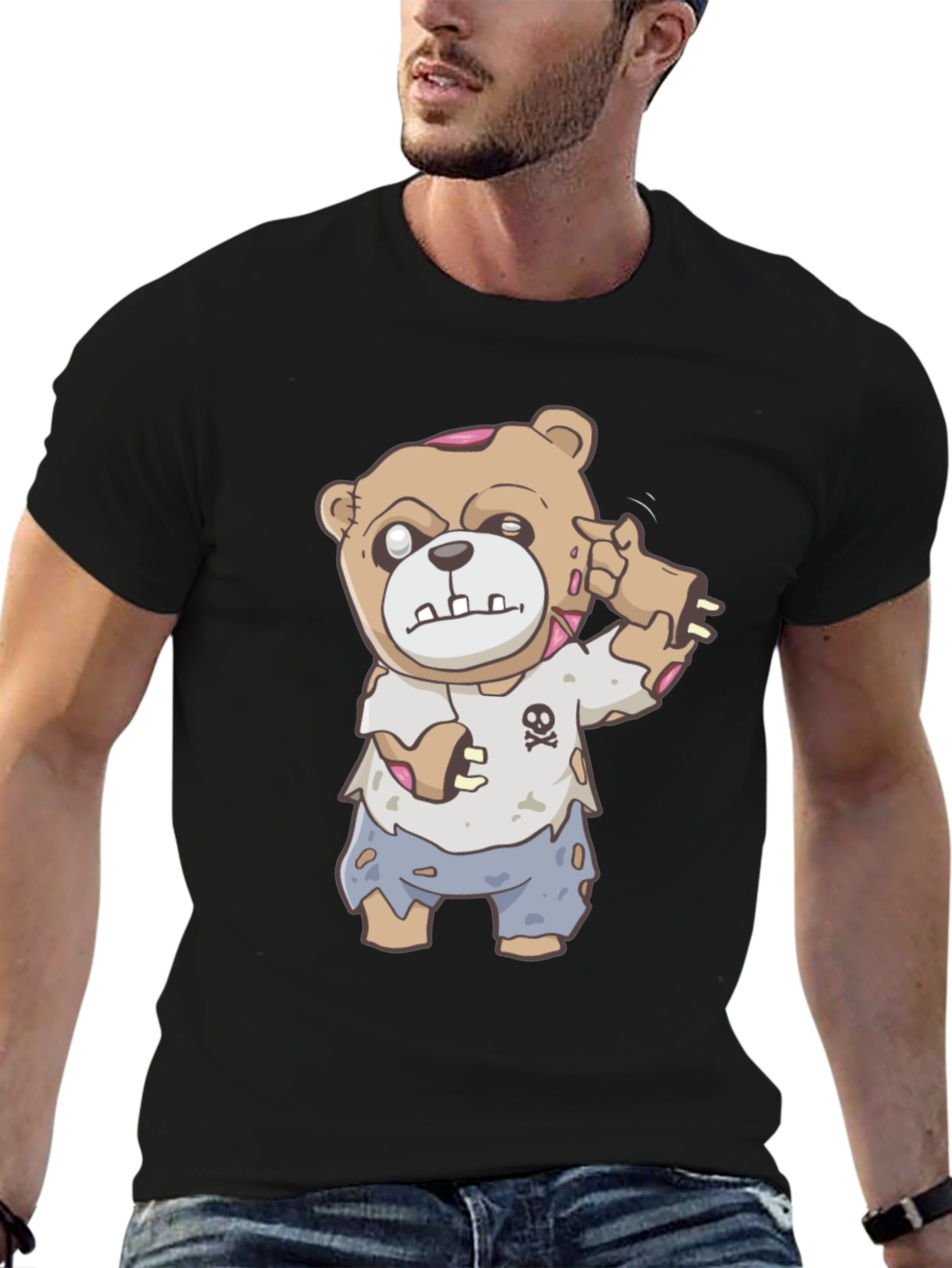 Black Zombie Teddy Bear Graphic T-Shirt - Halloween Style view 6