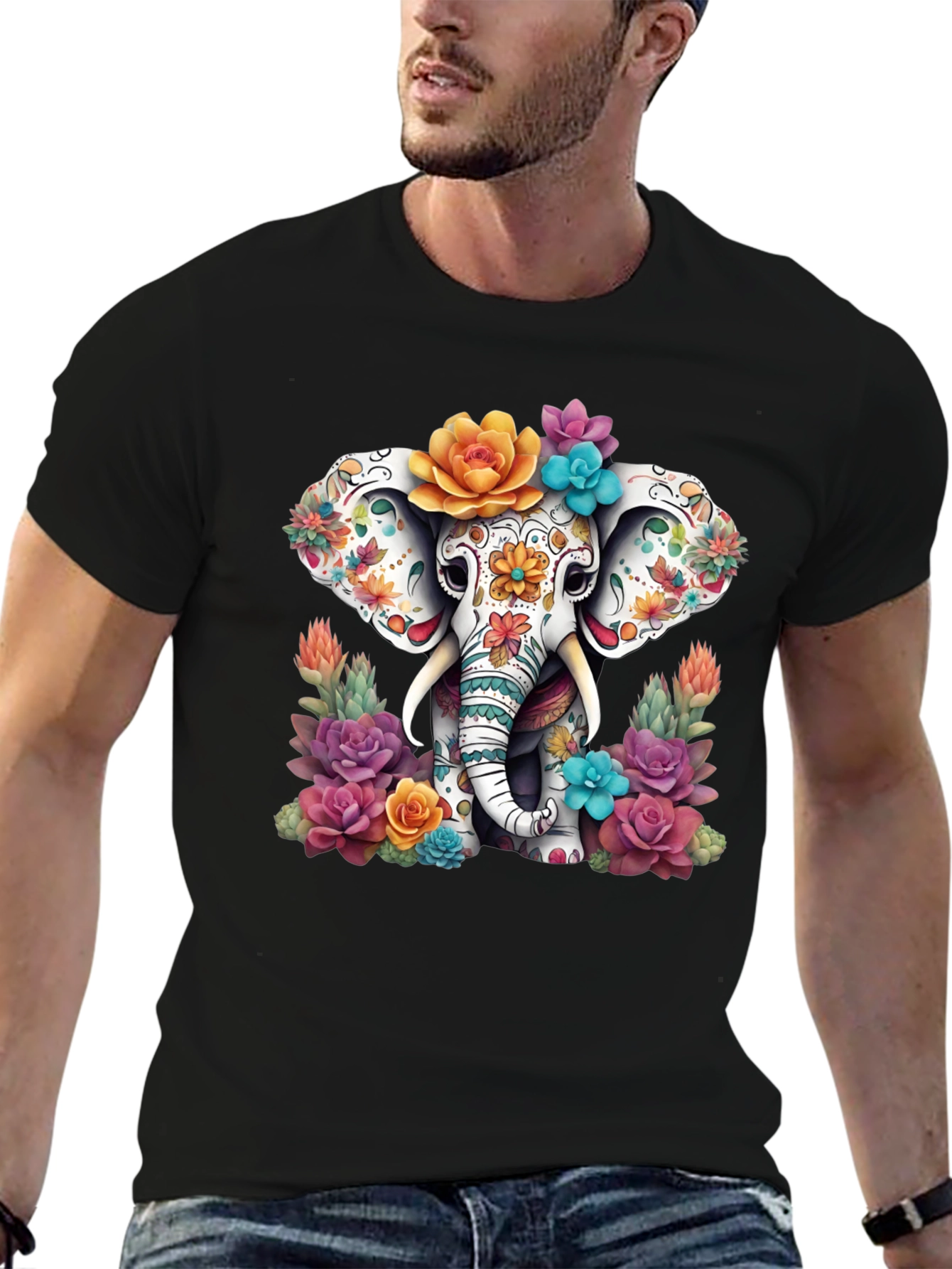 Black Floral Sugar Skull Elephant Graphic Tee view 6