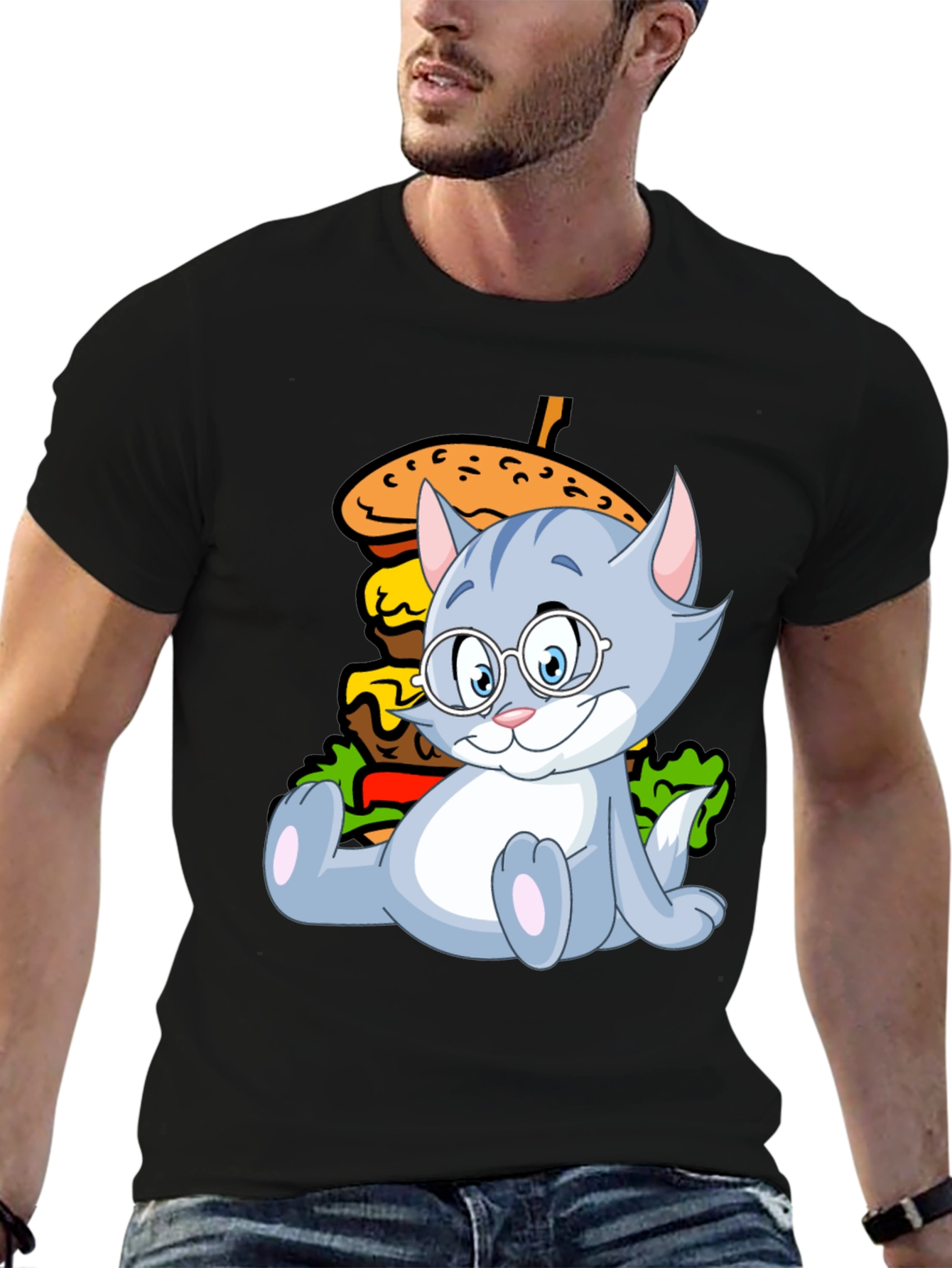 Black Cat and Burger Graphic Black T-Shirt view 6