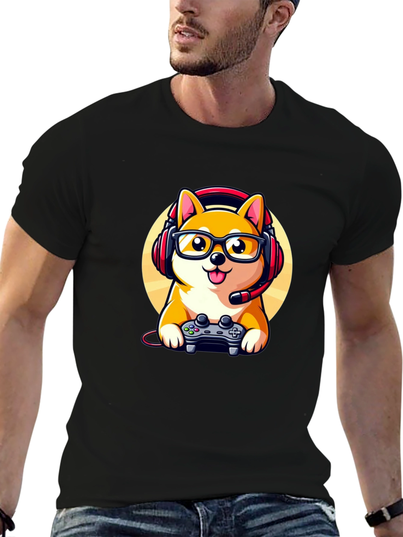 Black Gamer Dog T-Shirt: Shiba Inu with Headset view 6