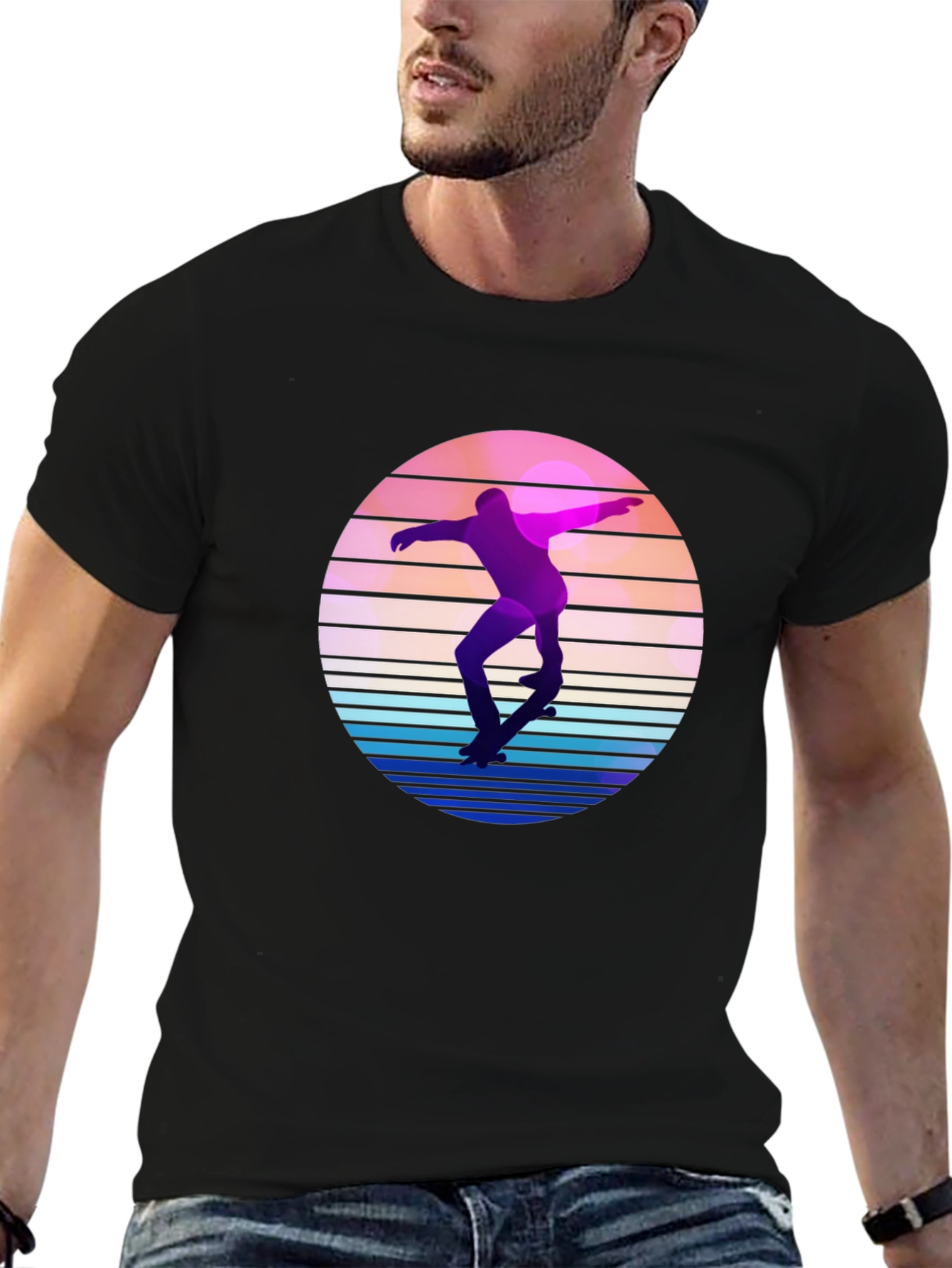 Black Retro Skateboarder Graphic Tee - Cool Sunset Design view 6