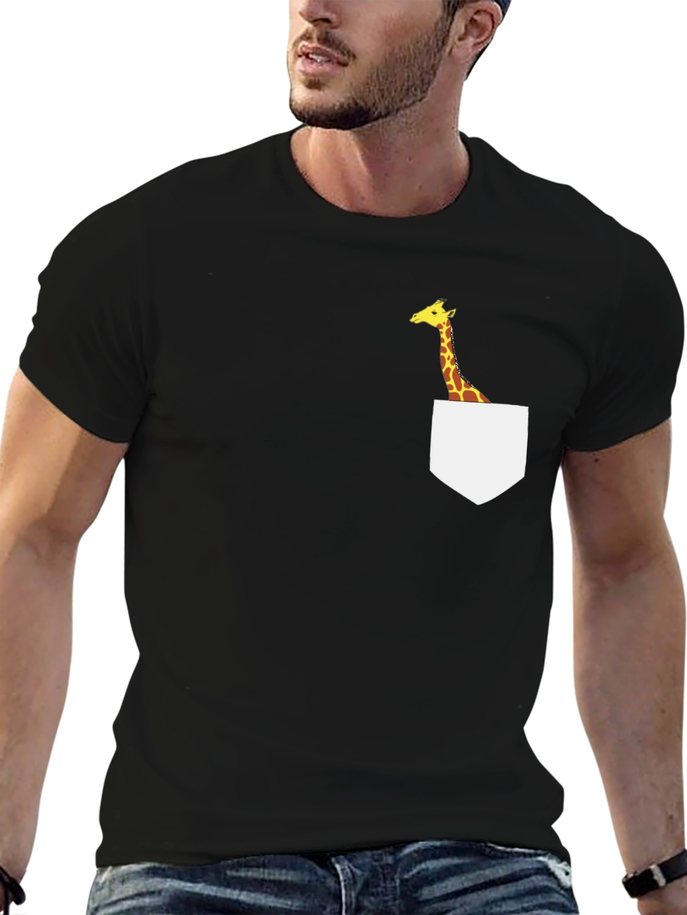 Black Giraffe Pocket T-Shirt - Novelty Animal Tee view 6