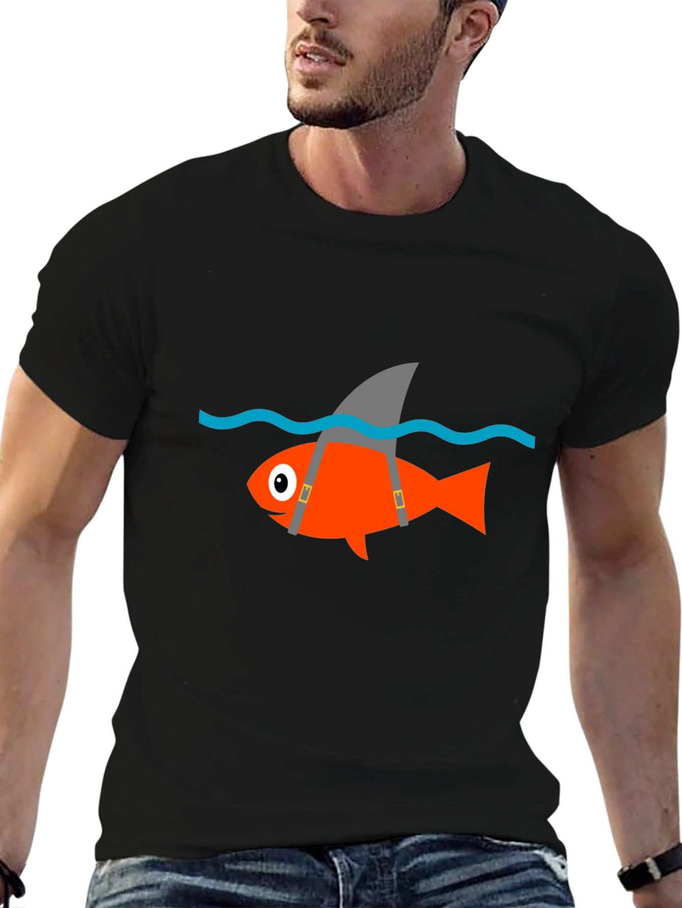 Black Funny Fish Shark Fin T-Shirt - Black Cotton Tee view 6