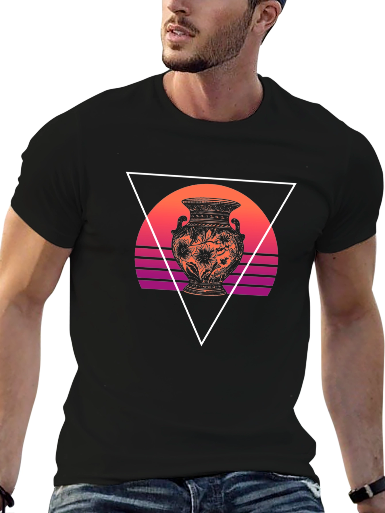 Black Vaporwave Vase Graphic Tee - Black Cotton Blend view 6