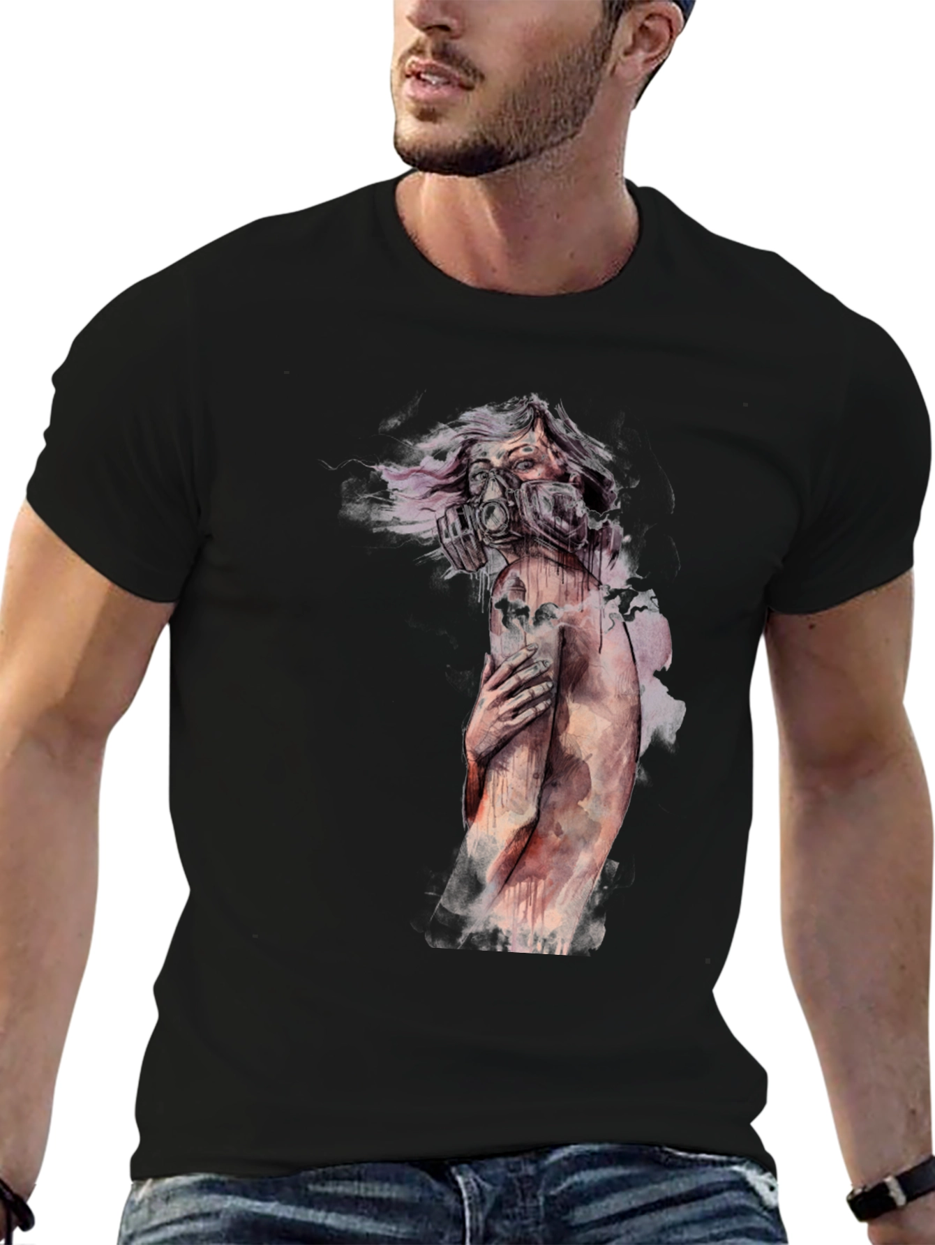 Black Unique Graphic Tee - Apocalyptic Watercolor Design view 6