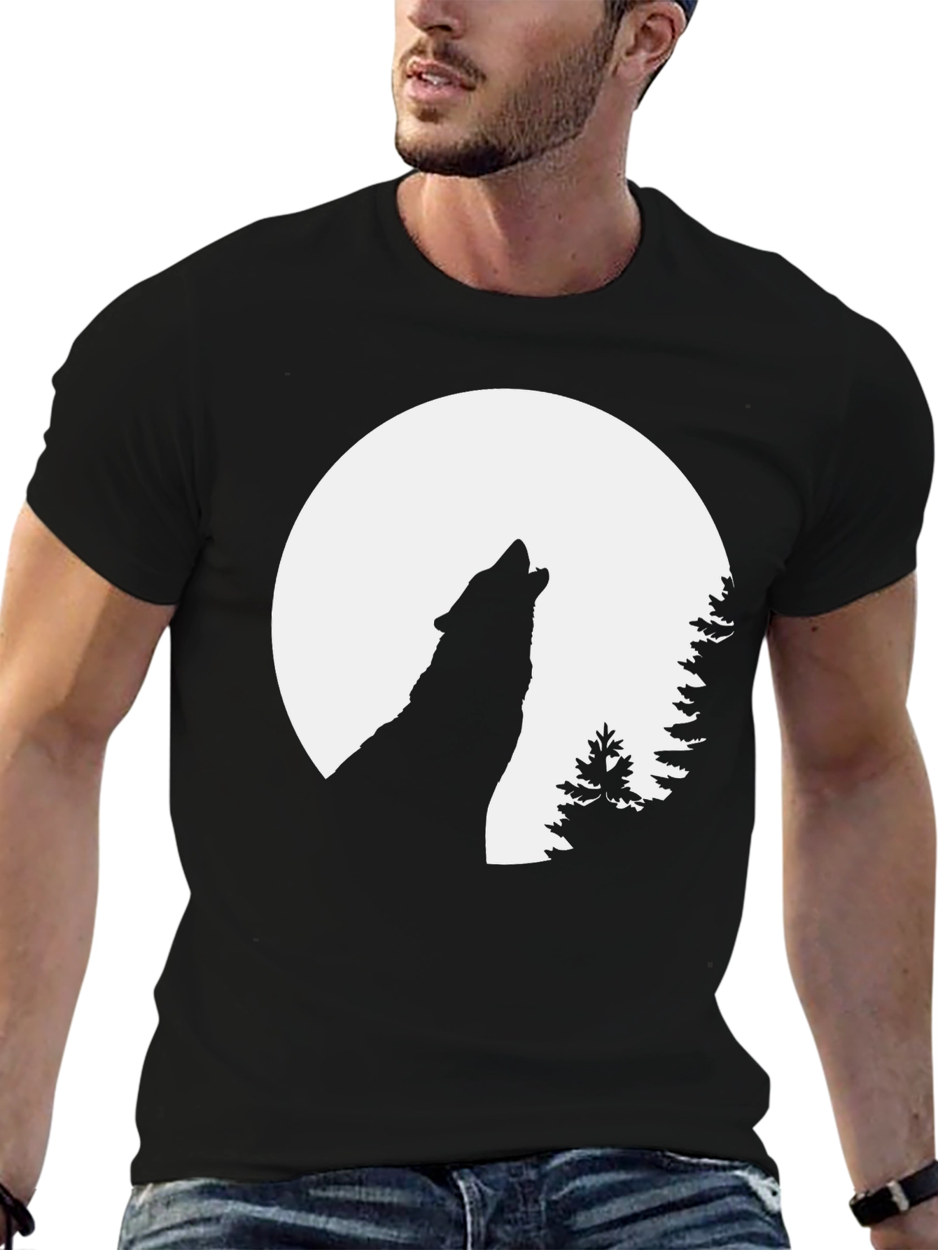 Black Wolf Howling at Moon Graphic Tee - Black view 6