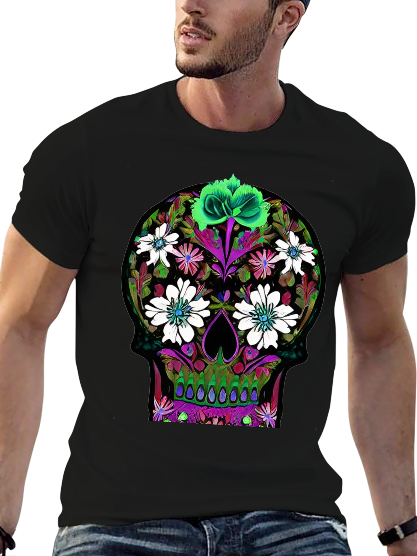 Black Floral Skull Graphic T-Shirt view 6
