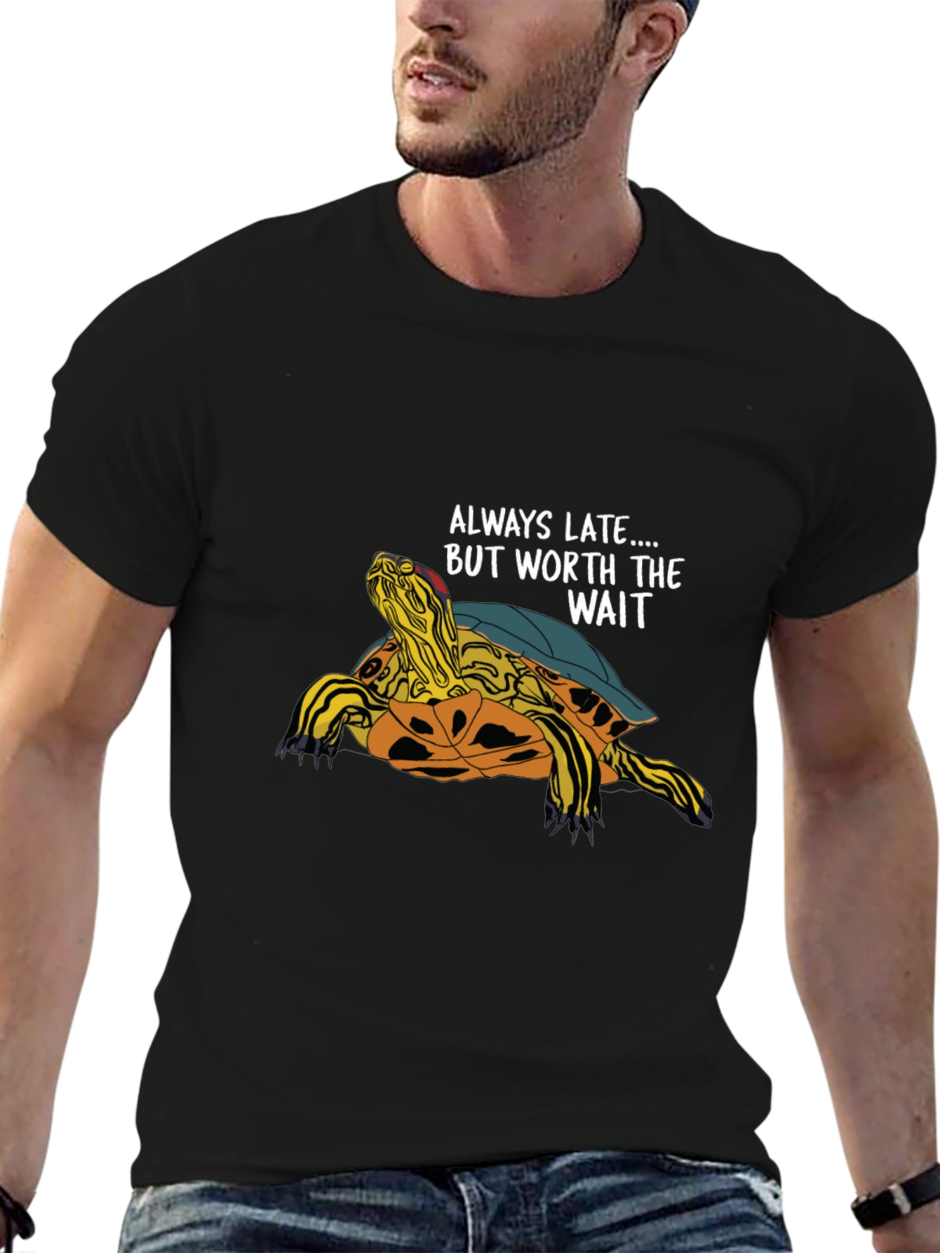 Black Always Late Turtle Graphic T-Shirt - Unisex Casual Top view 6