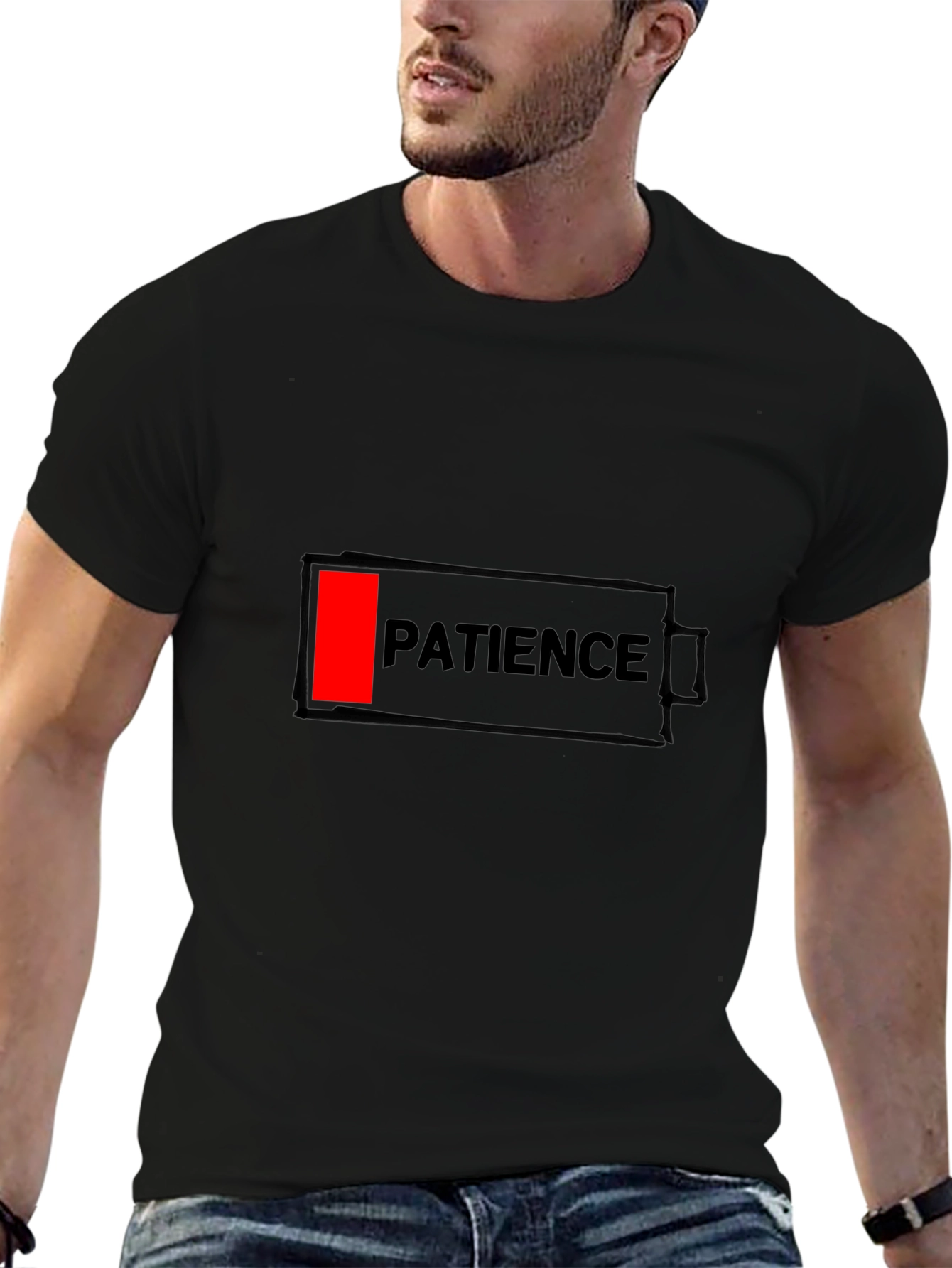 Black Patience Low Battery Black Graphic Tee for Men view 6
