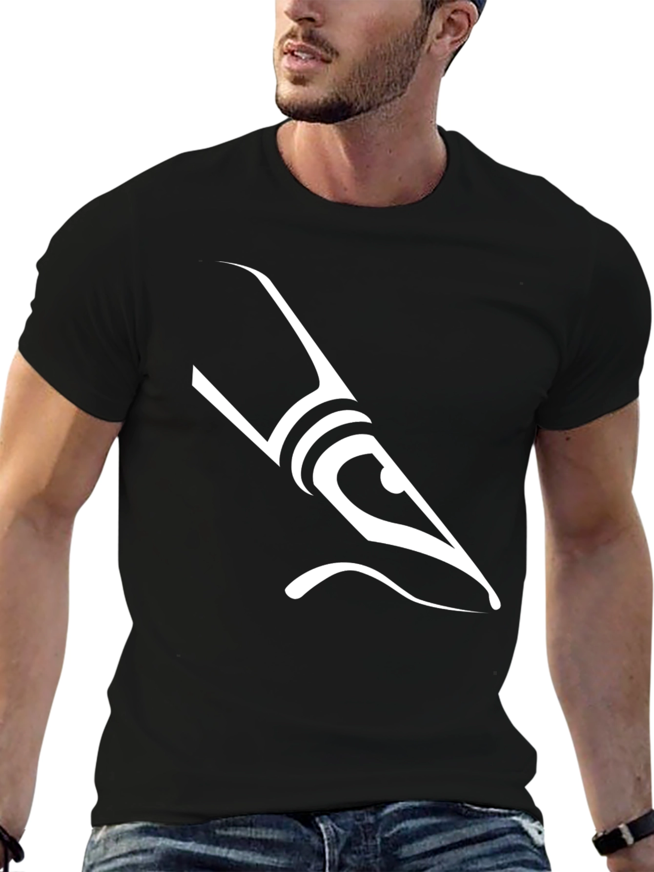Stylish Black T-Shirt with Unique White Pen Design - 6