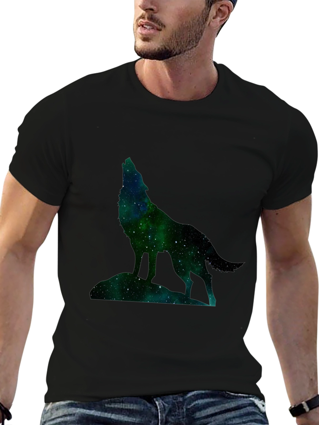 Black Galaxy Wolf Graphic Tee - Black Cotton Blend view 6