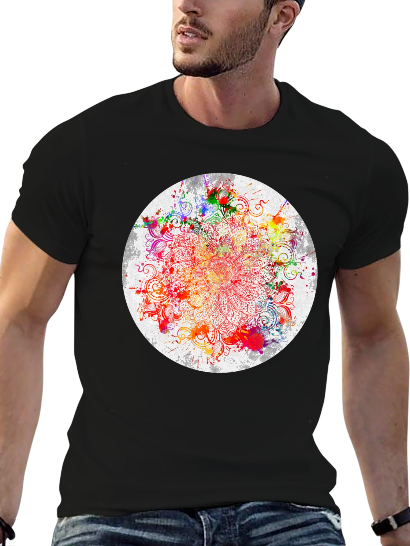 Black Vibrant Mandala Graphic T-Shirt view 6