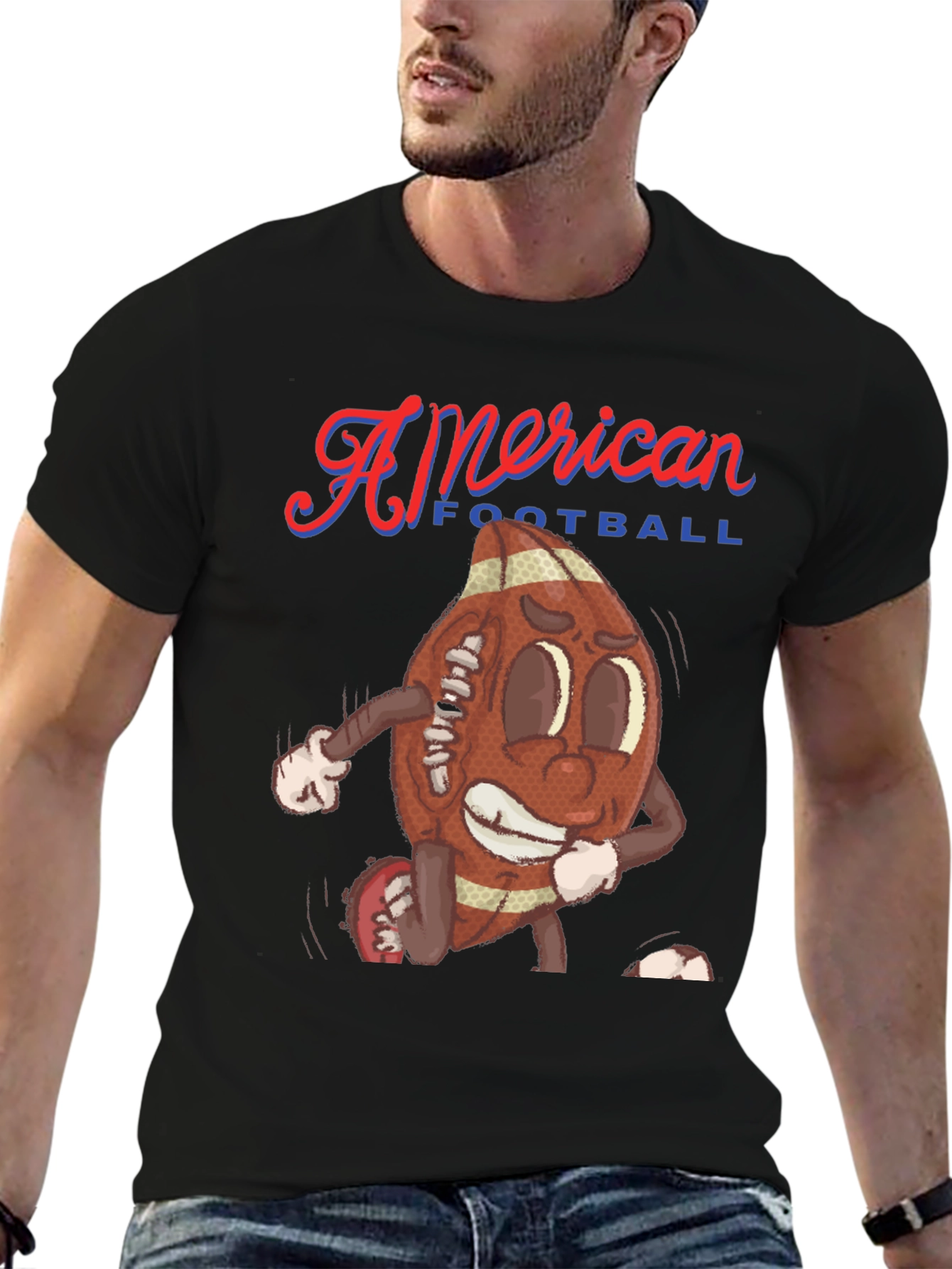 Black American Football Cartoon Tee view 6