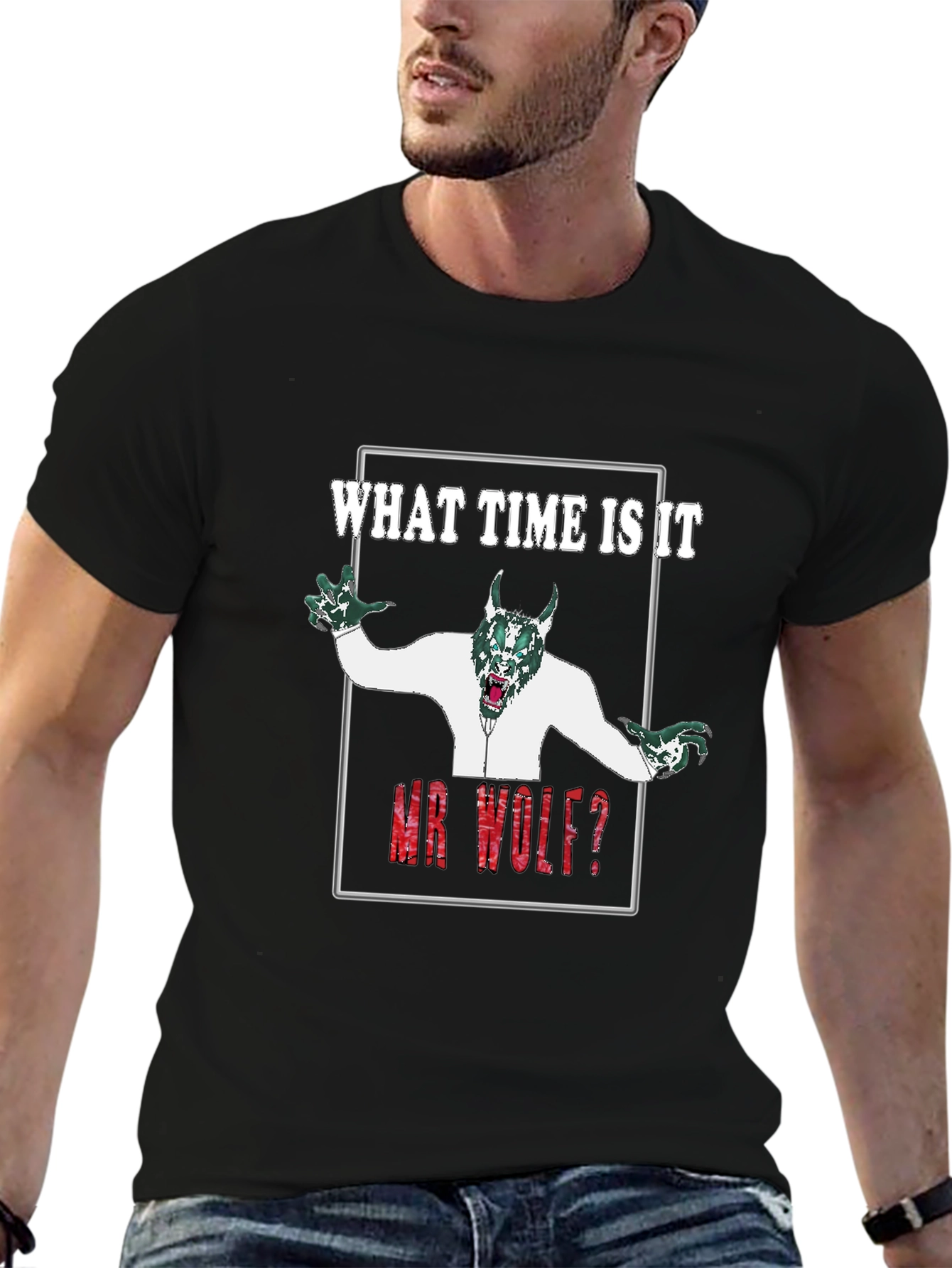 Black What Time Is It Mr. Wolf T-Shirt - Graphic Tee view 6