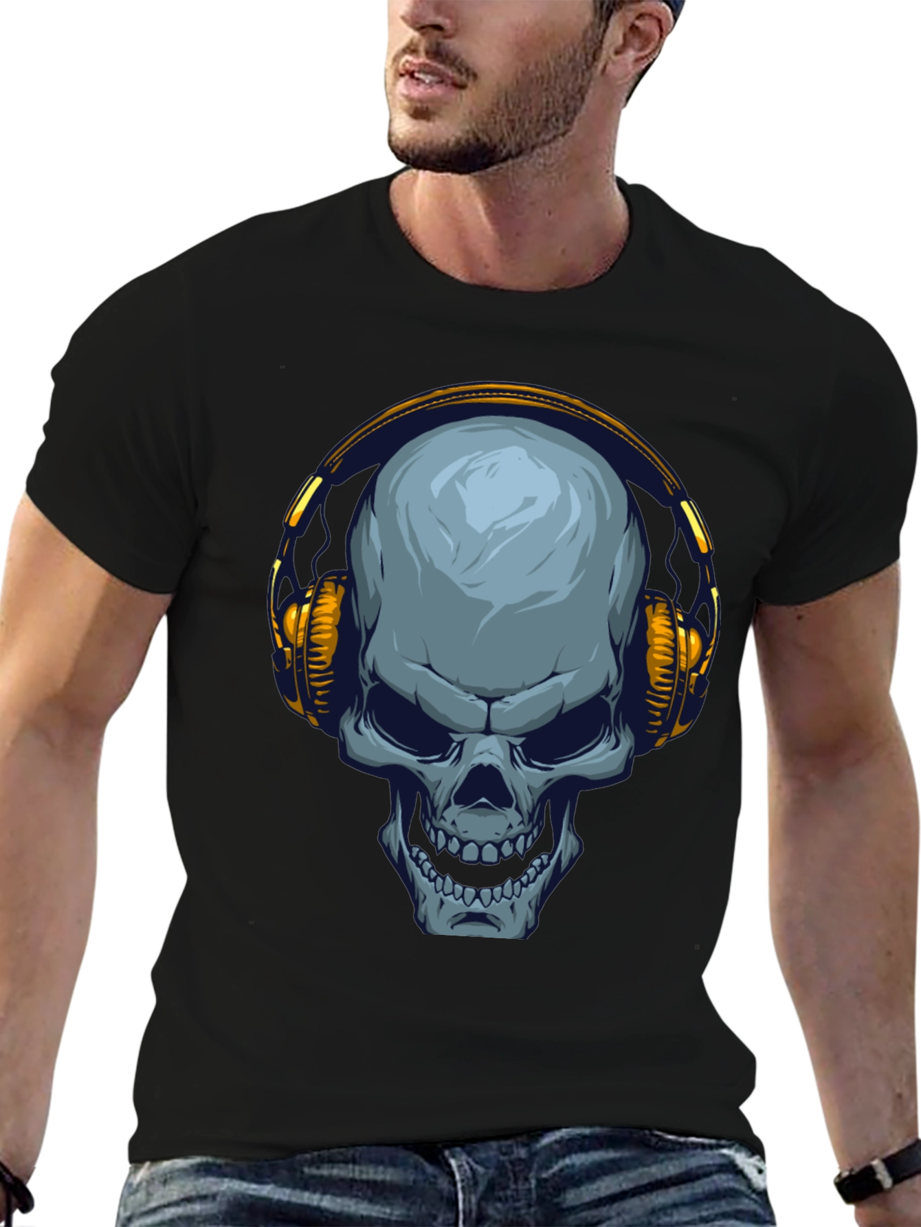 Black Skull with Headphones Graphic T-Shirt view 6