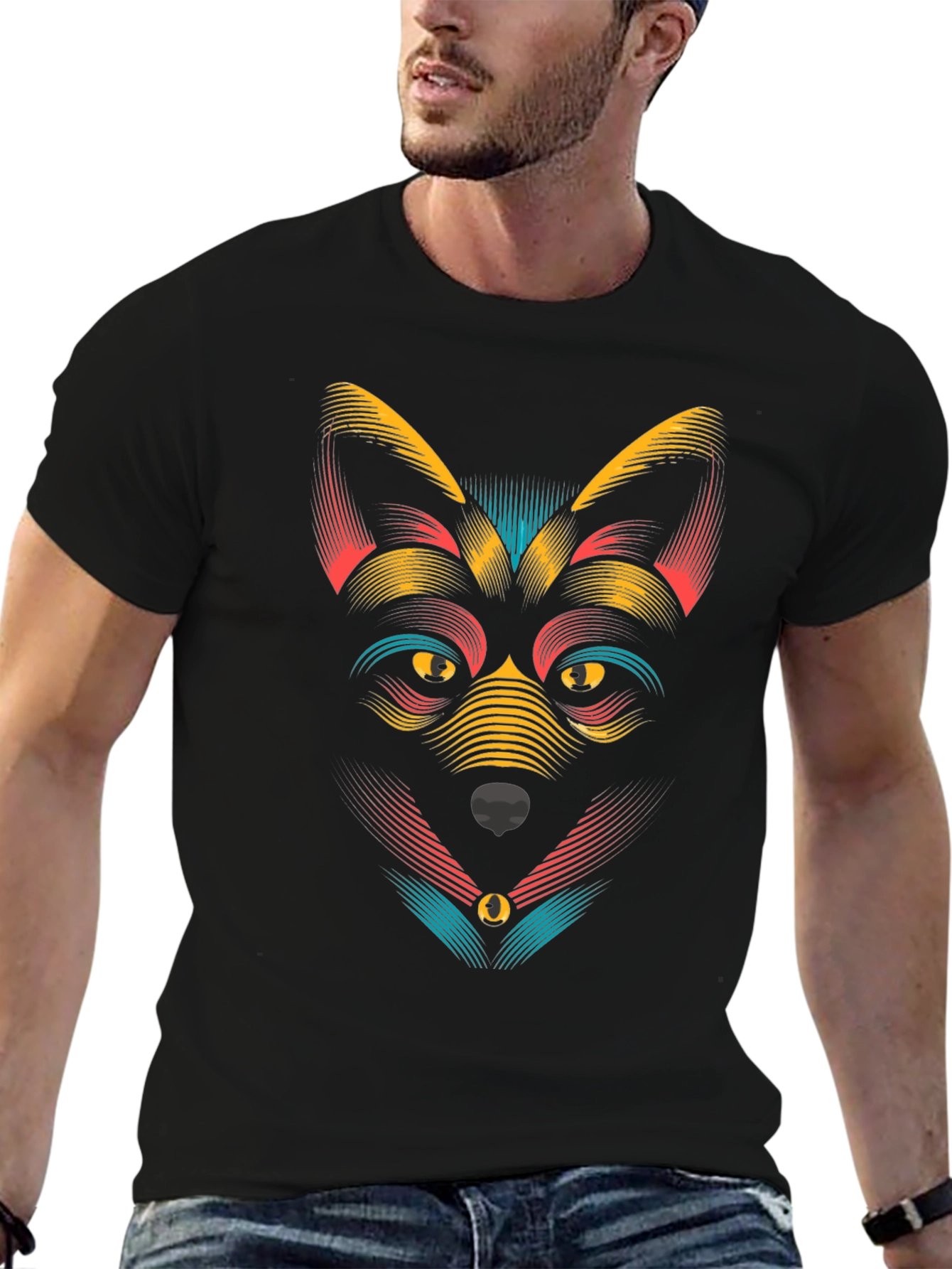 Black Abstract Wolf Graphic Black T-Shirt view 6