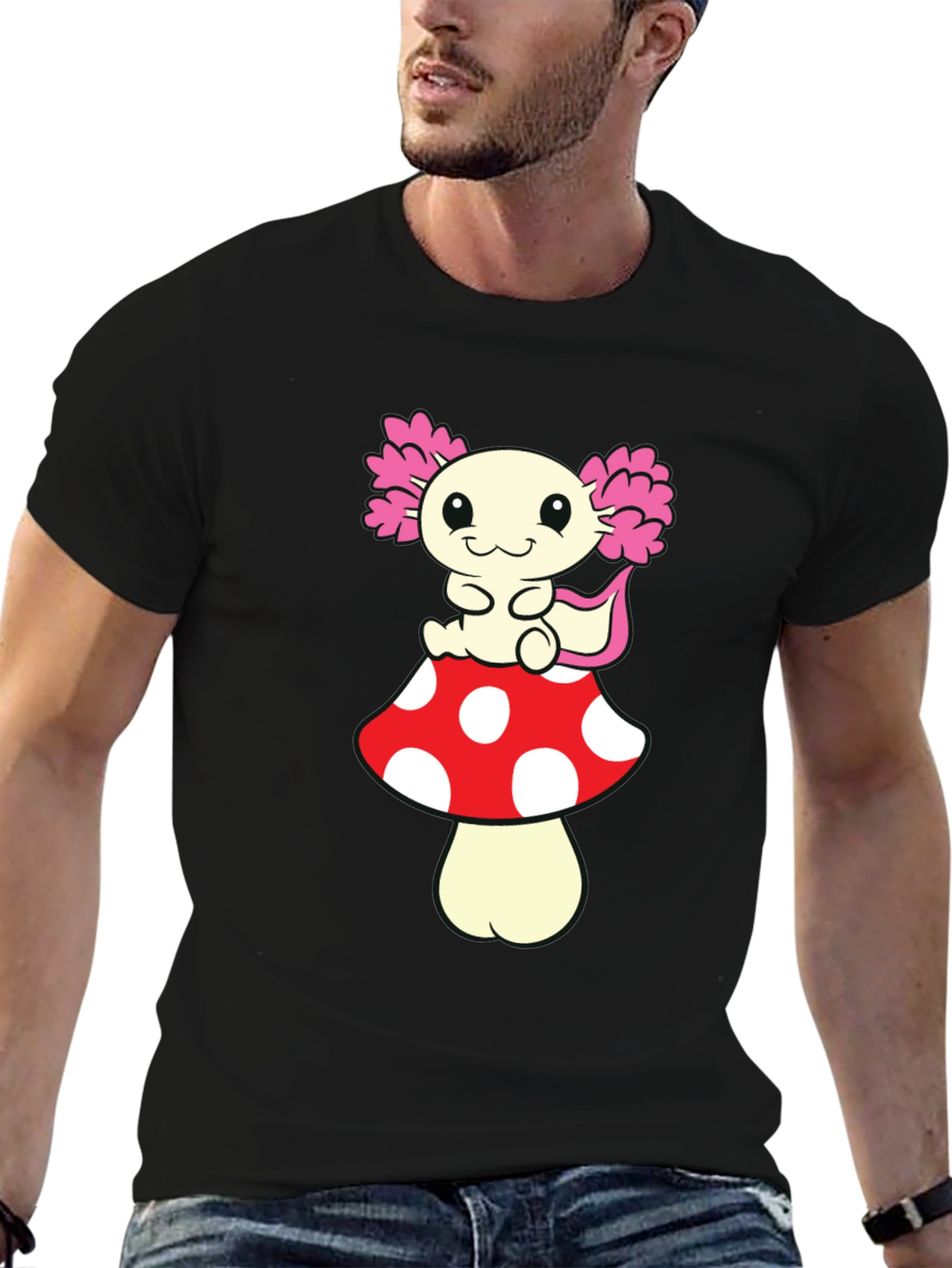 Black Axolotl Mushroom T-Shirt - Cute Cartoon Tee view 6