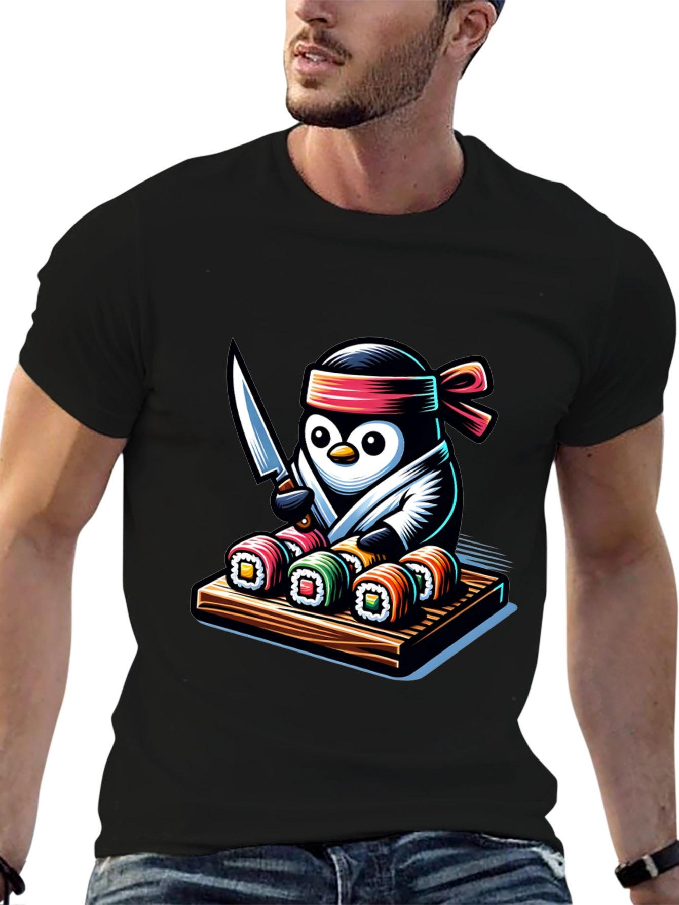 Black Sushi Chef Penguin T-Shirt - Unique Design view 6
