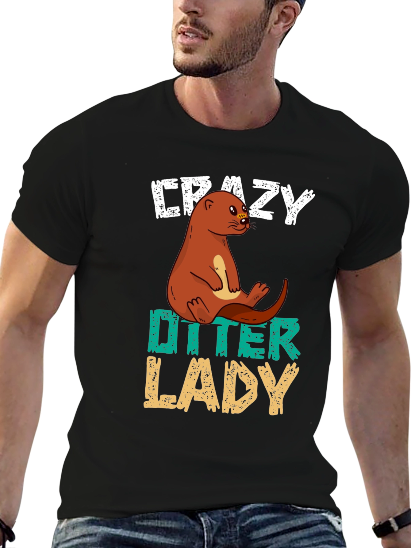 Black Crazy Otter Lady T-Shirt - Unisex Animal Lover Tee view 6