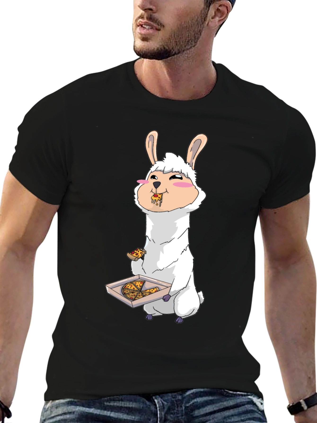 Black Llama Eating Pizza T-Shirt view 6