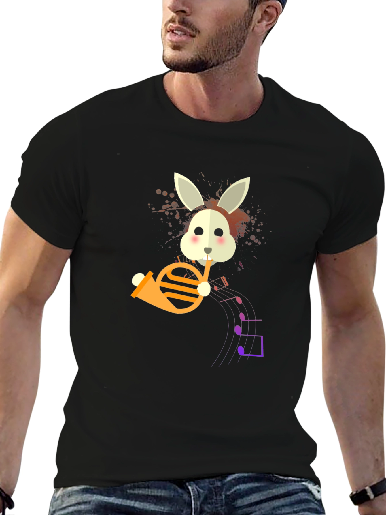 Black Bunny French Horn Player Graphic T-Shirt view 6