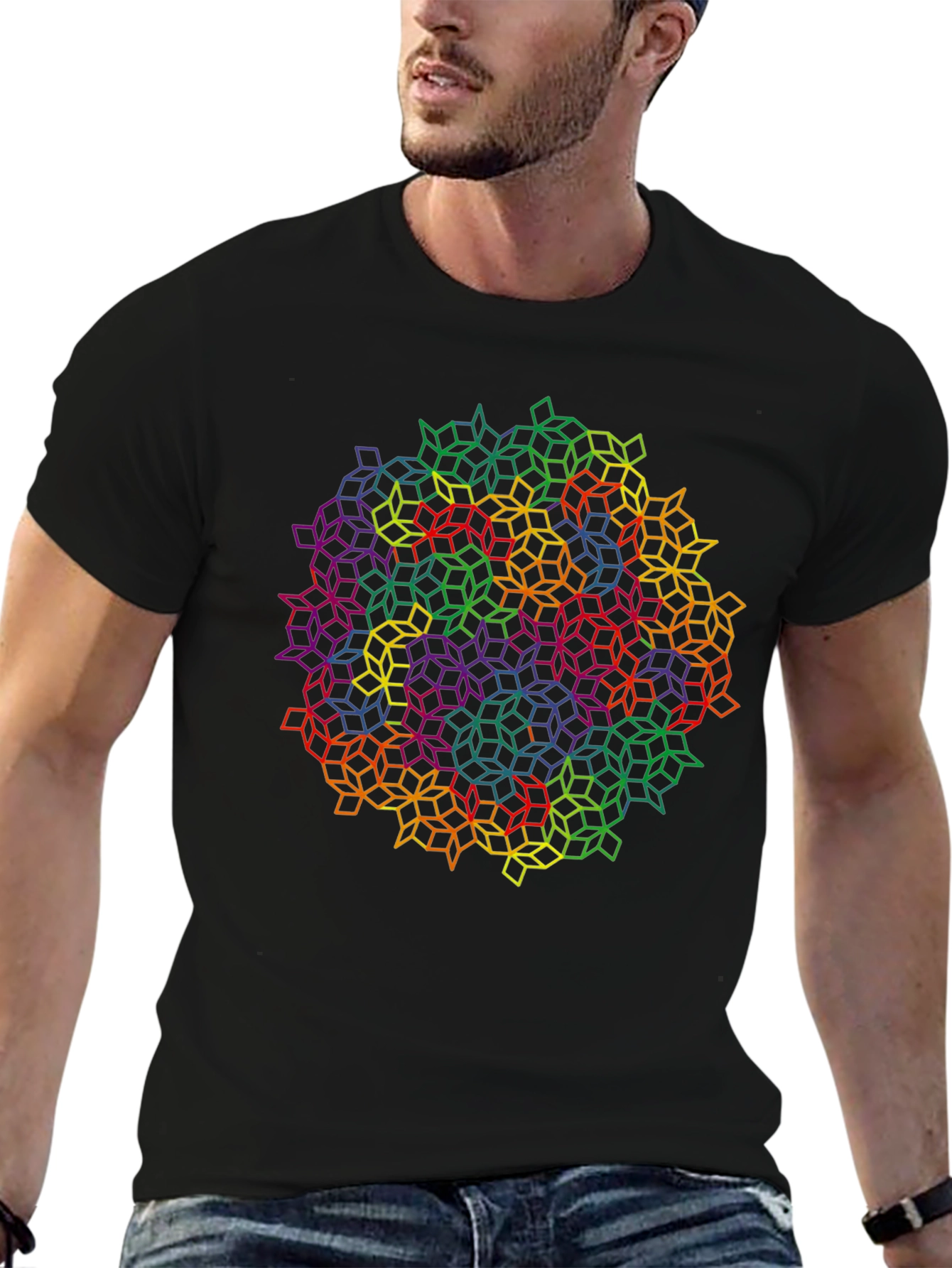 Black Geometric Rainbow Cube Pattern Black T-Shirt view 6
