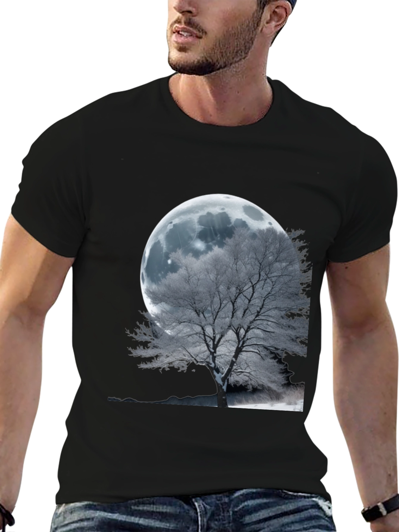 Black Moonlit Tree Graphic T-Shirt - Unique Design view 6