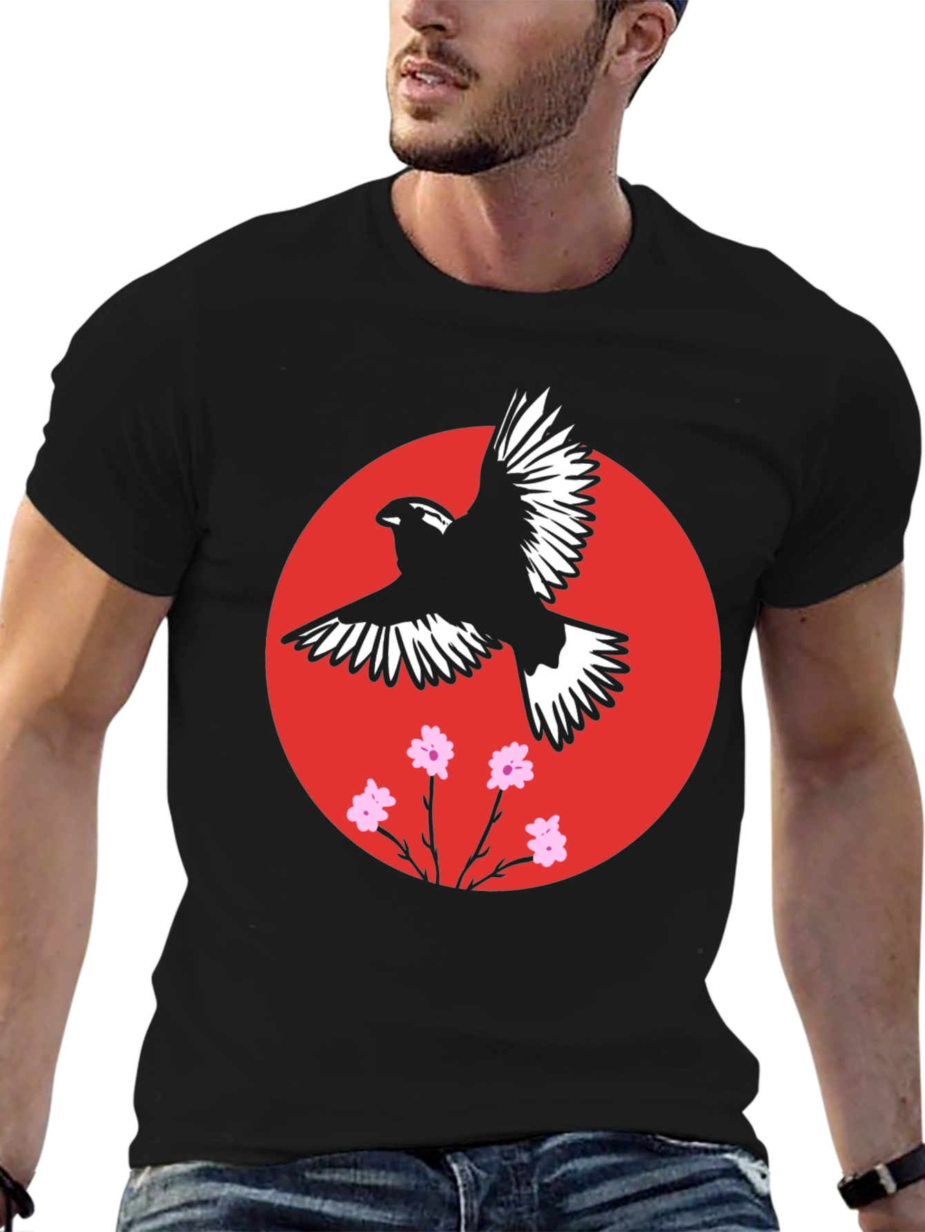 Black Bird and Blossom Graphic Black T-Shirt view 6