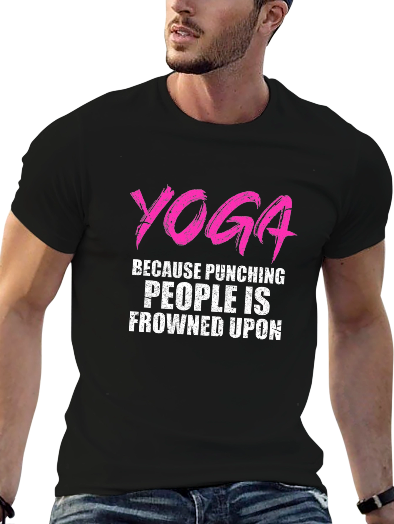 Black Yoga Punching People Frowned Upon Black T-Shirt view 6