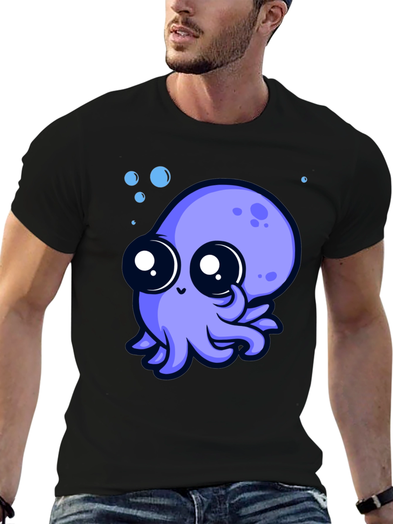 Black Cute Octopus Graphic Tee - Black Cotton T-Shirt view 6