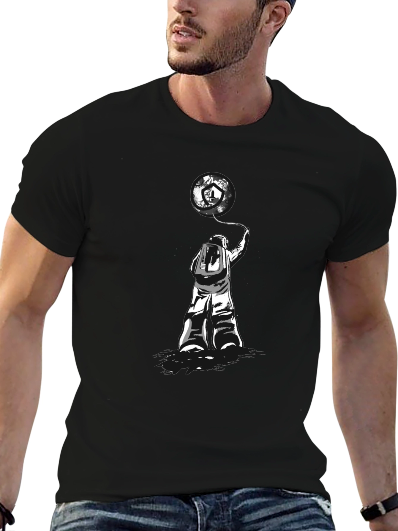 Black Astronaut Earth Balloon Graphic Tee - Trendy Black T-Shirt view 6