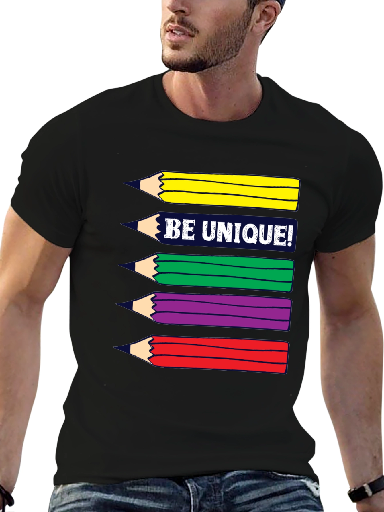 Black Be Unique! Colorful Pencils Graphic T-Shirt view 6