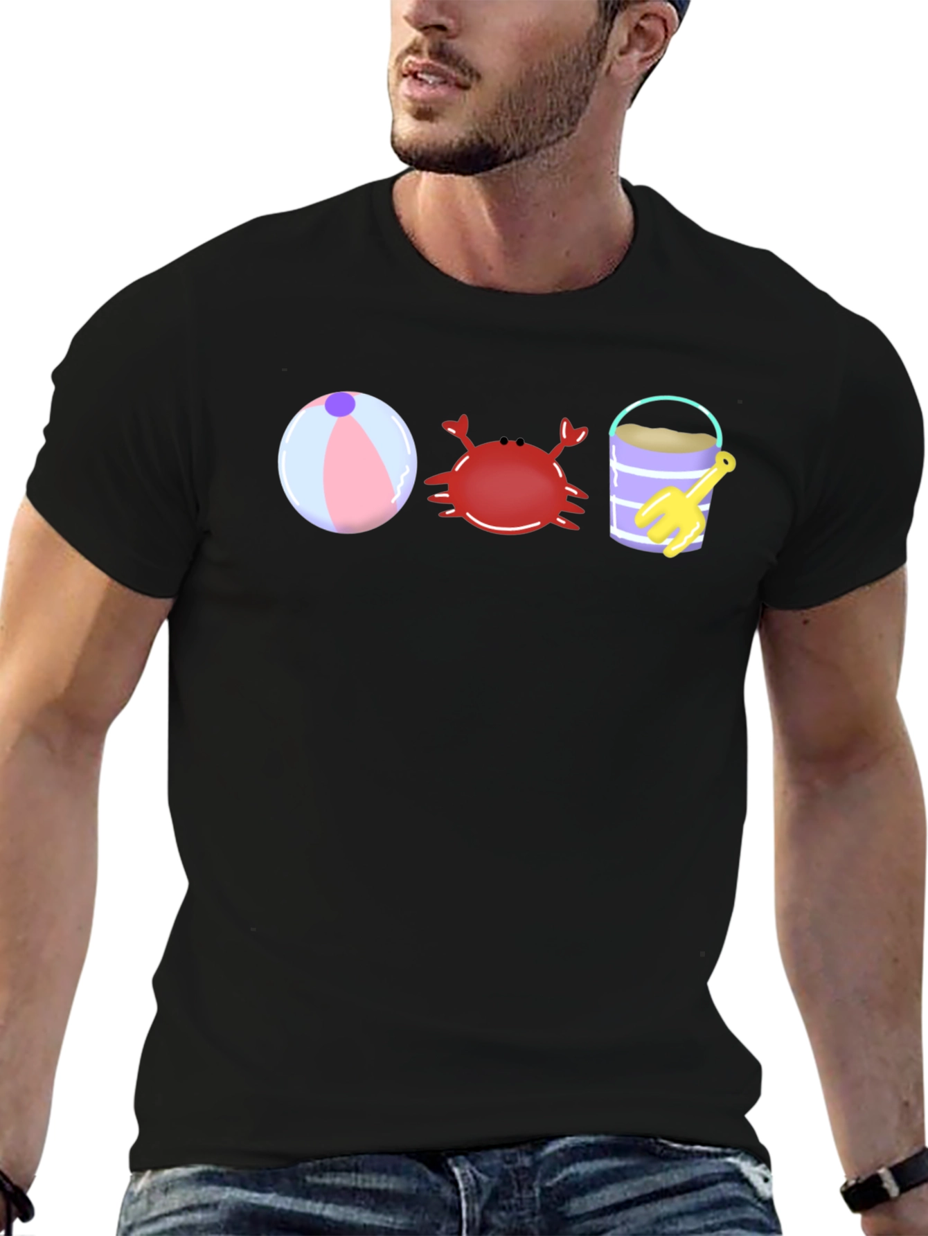 Black Beach Fun T-Shirt - Crab, Bucket, and Ball view 6