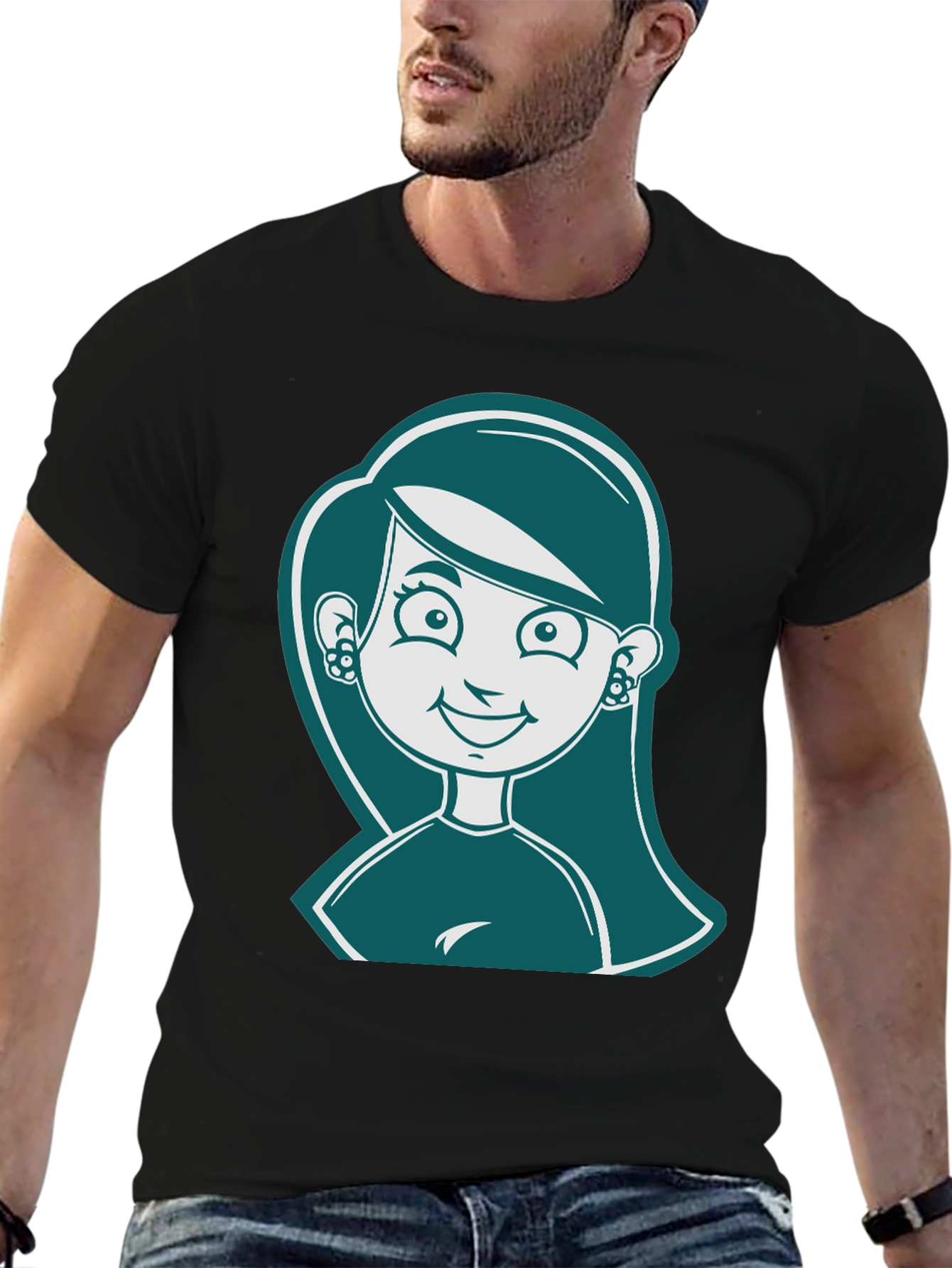 Black Cartoon Girl Graphic Print Black T-Shirt view 6