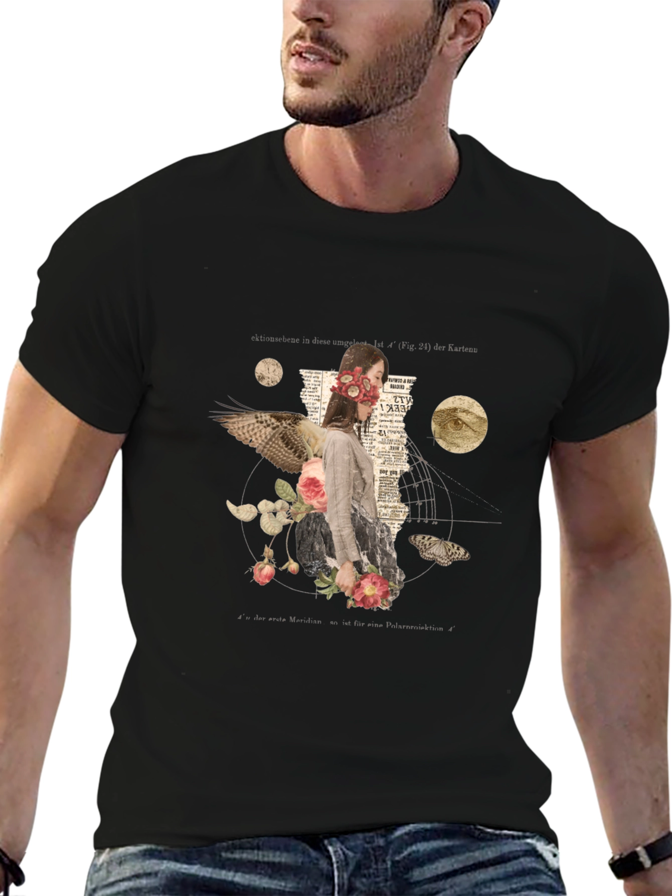 Black Surreal Floral Graphic Print Black T-Shirt view 6