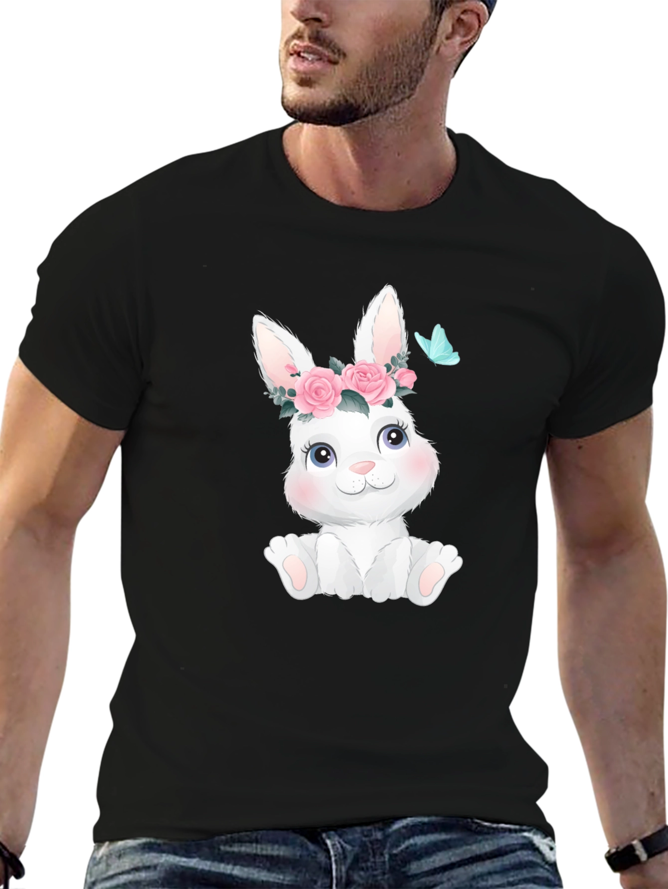 Black Cute Bunny with Flowers Black T-Shirt view 6